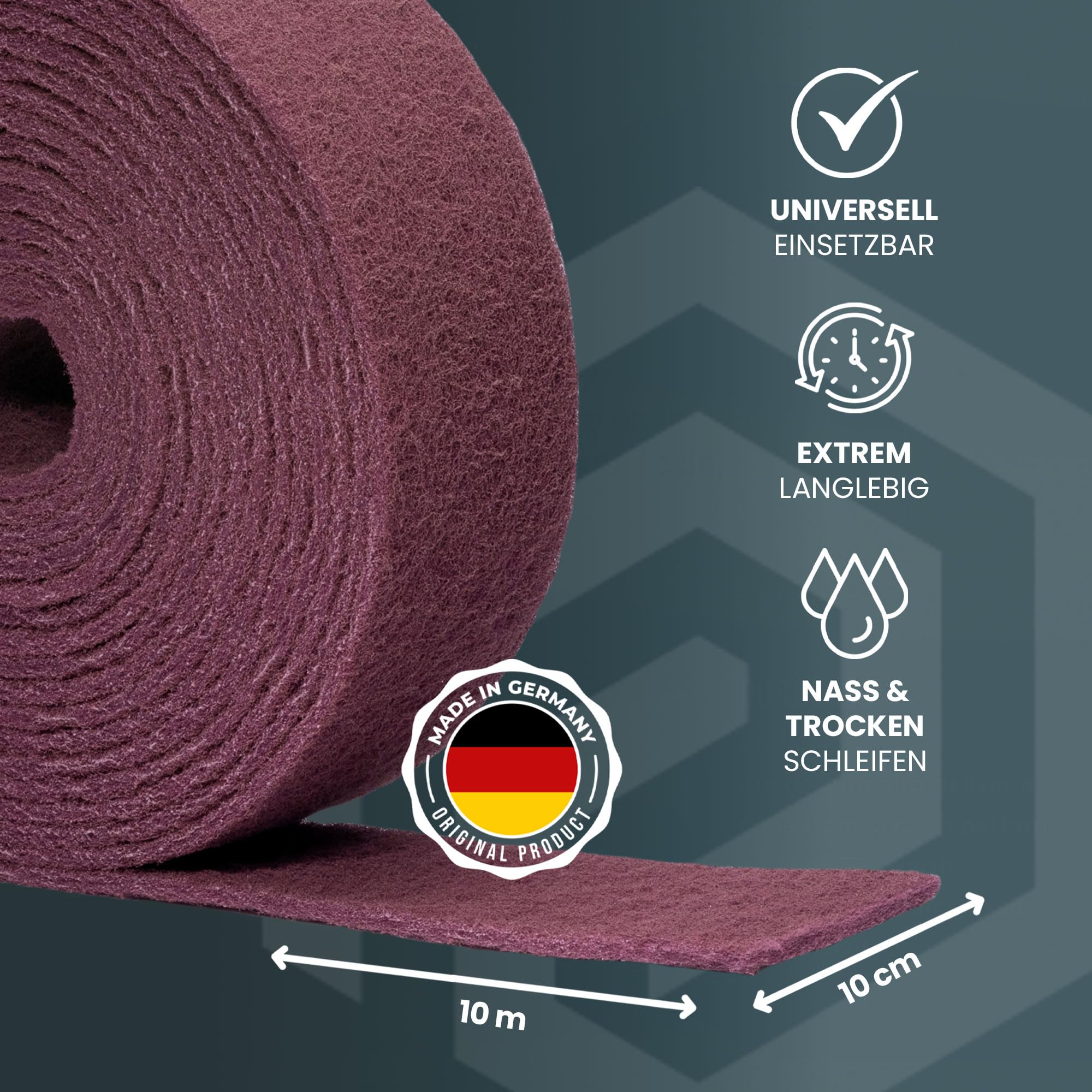 PICTORIS Włóknina ścierna – Made in Germany – 10 m x 100 mm – ziarnistość 280 – bardzo trwała dzięki unikalnej impregnacji – polar szlifierski/podkładka szlifierska do drewna, metalu, stali
