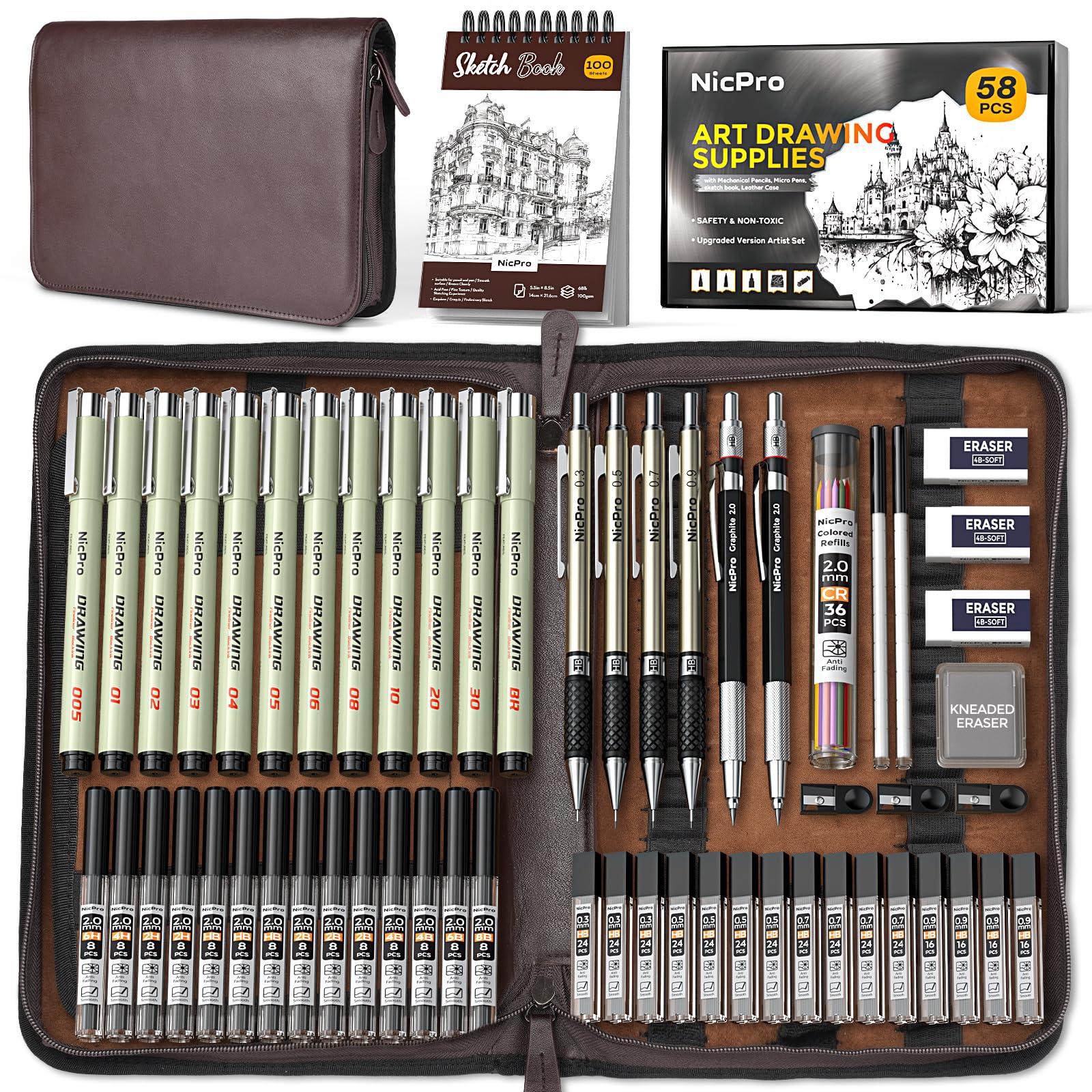 Nicpro 58 PCS Art Drawing Supplies Kit in Leather Case