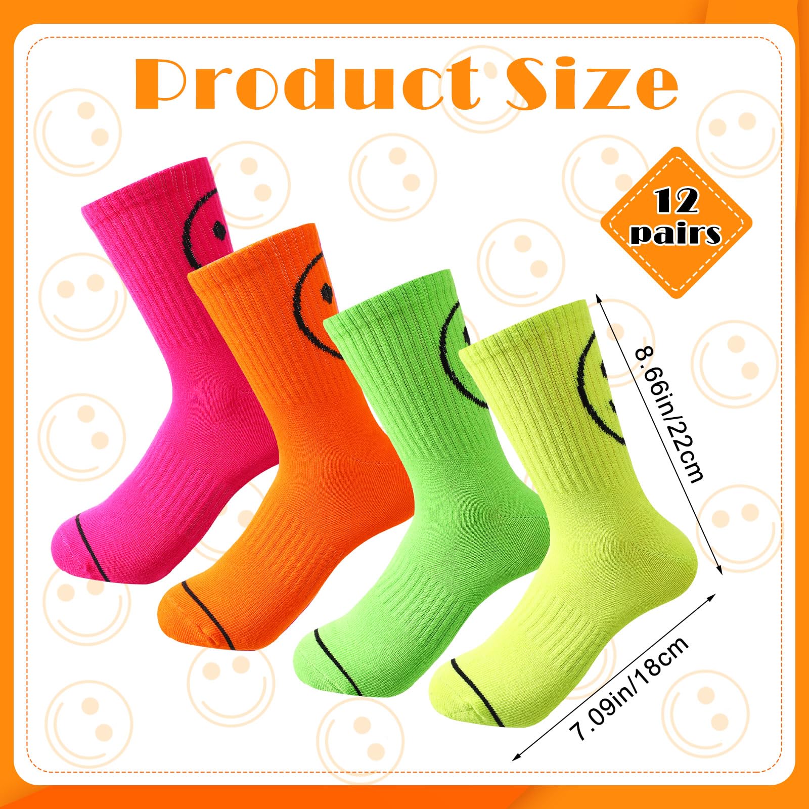 ShinyMatch 12 Pairs Neon Socks Cute Smiling Face Socks Neon Smile Face Socks Novelty Neon Crew Socks for Women Teen Girl