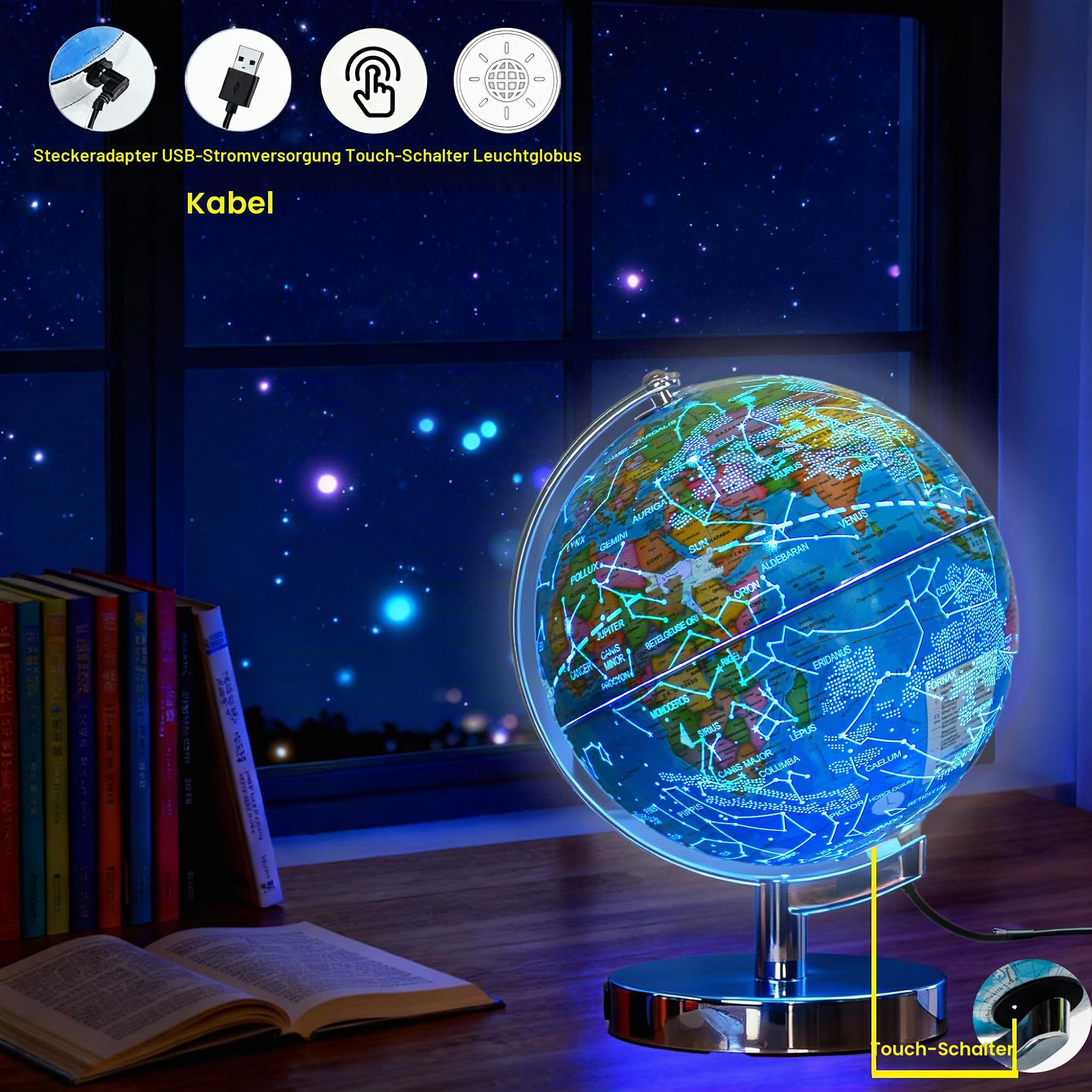 Marke 9-in-1 Beleuchteter Globus 20 cm für Kinder & Erwachsene, Weltkugel mit 88 Sternbildern, Touch LED Farbwechsel Lampe für STEM Geografie, Nachtlicht für Kinderzimmer, Büro & Klassenzimmer