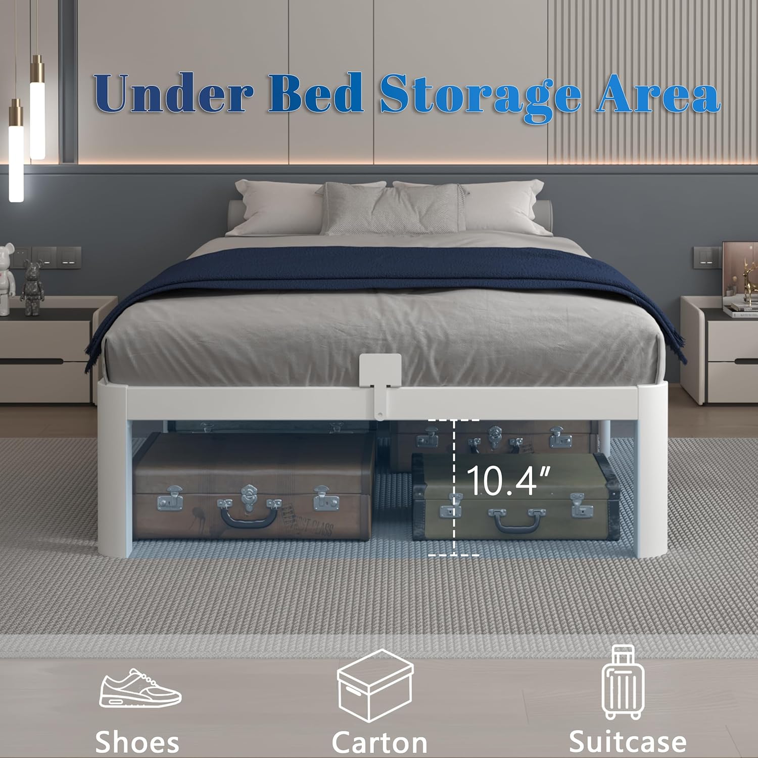 White 12 Inch Twin Bed Frames with Gaskets, Metal Twin Size Bed Frame No Box Spring Need, Heavy Duty Steel Platform Support, Round Corner Desgin, Reserved Holes, Storage Space, Noiseless - Image 3