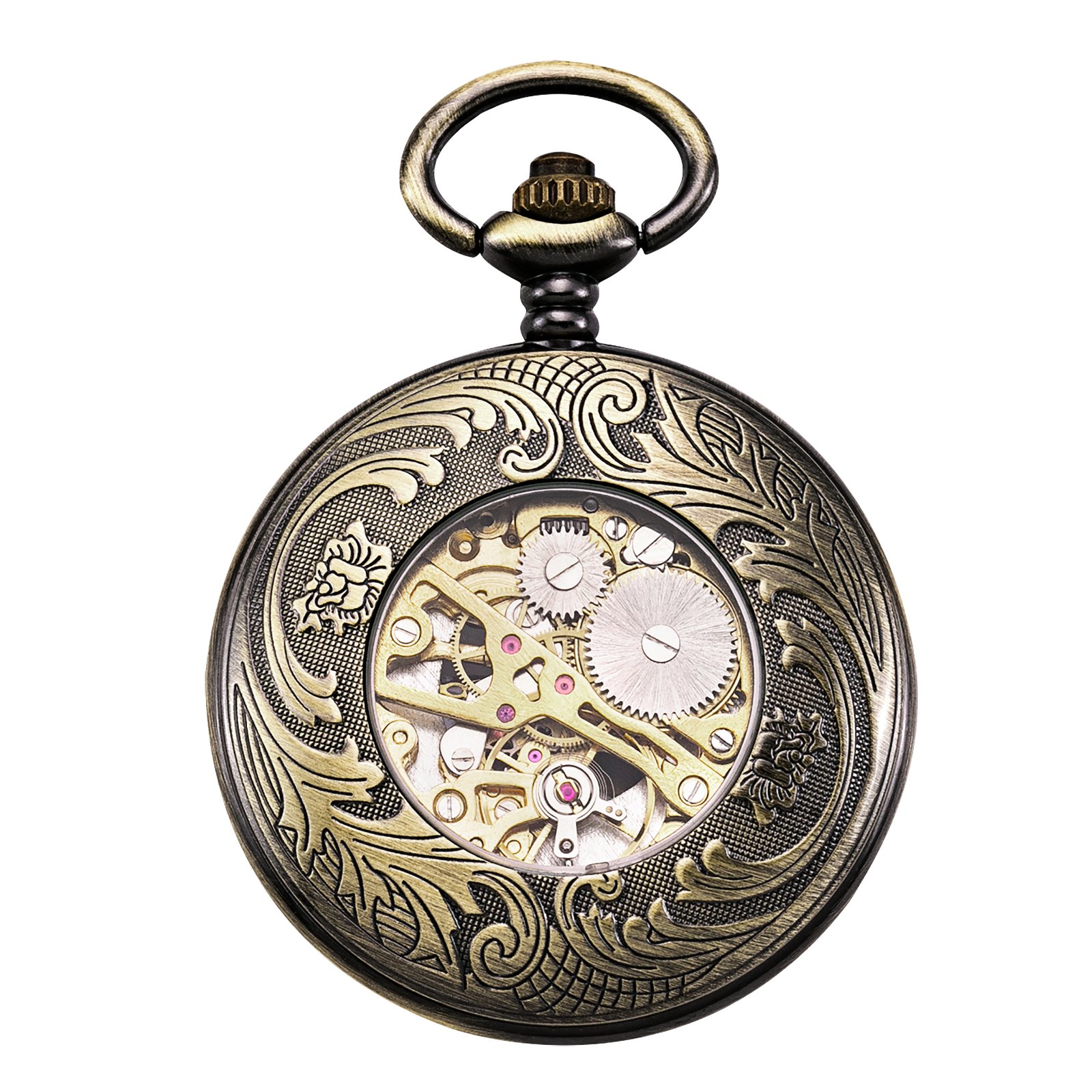 TREEWETO Vintage mecánico esqueleto hueco Pegasus tallado reloj de bolsillo para hombres mujeres, bronce