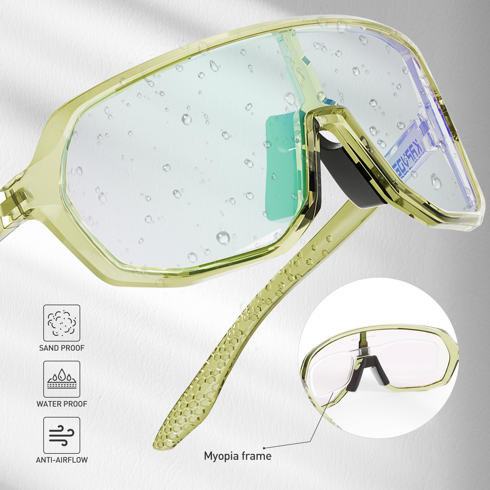 KAPVOE Occhiali Ciclismo Fotocromatici UV400 TR90 Uomo Donna K63 | Fotocromatica da trasparente a verde CAT.1-CAT.2, UV400, ventilazione, TR90 leggero