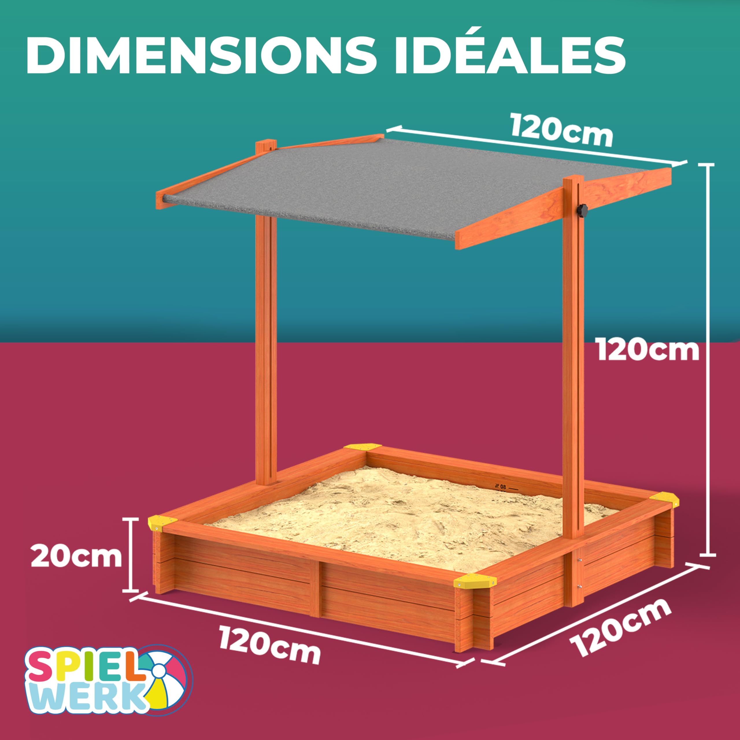 SPIELWERK® Bac à Sable en Bois Sami 120x120cm Tapis de Sol Toit réglable Protection UV 50+ Jeu pour Enfants extérieur Jardin