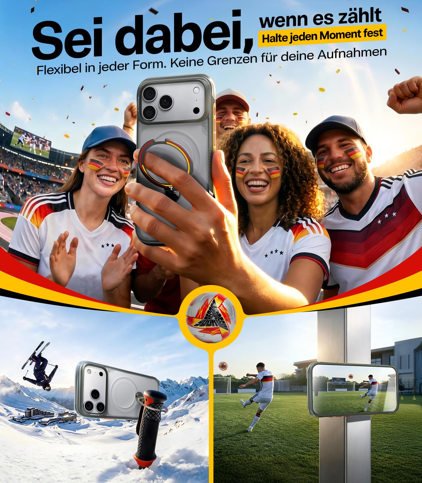 TORRAS Q3 Air 2026 Fußball Limitierte Auflage für iPhone 17 Pro Max hülle mit echtem Airbags Doppelter Schutz & 360° Magnetischer Robust Ständer, Iron