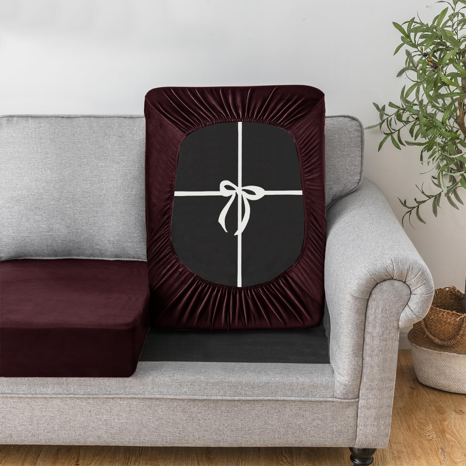 UNBBRRL Sofa Cushion Cover Stretch Velvet, Removable Sofa Seat Cushion Cover With Ties, Sofa/Couch/Settee Covers Furniture Protector replacement (wine,W(100-130cm),D(30-50cm))