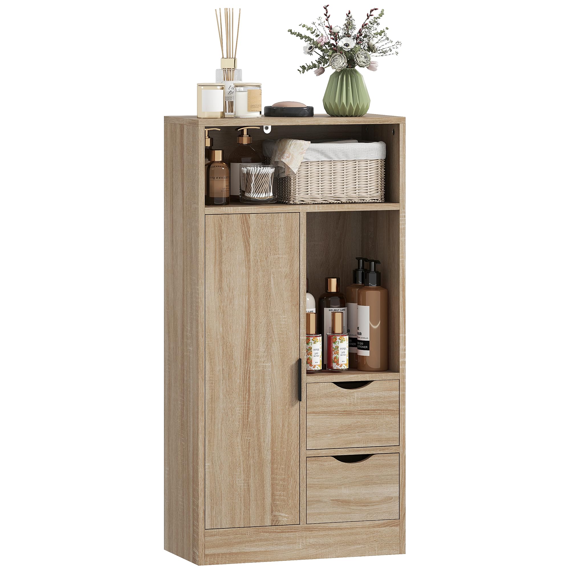 HOMCOM Mobiletto Bagno Salvaspazio Slim, Mobile Bagno con 2 Cassetti, Ripiani Regolabili a 3 Livelli e Armadietto, Stile Nordico, 50x25x100 cm, Legno Naturale