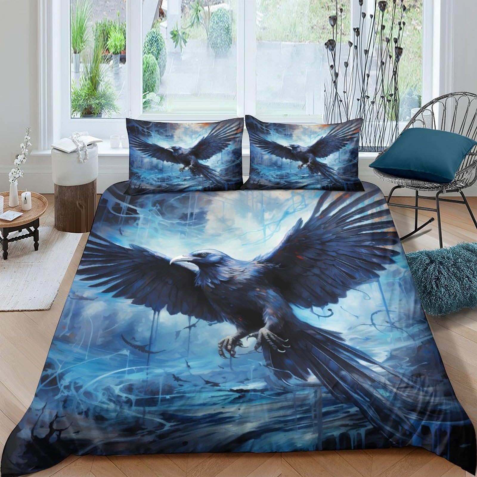 3D Printed Mystical raven Duvet Cover Polyester Fantasy art style Comforter Cover Hypoallergenic Durable Couples Home Bedding Use Double（200x200cm）