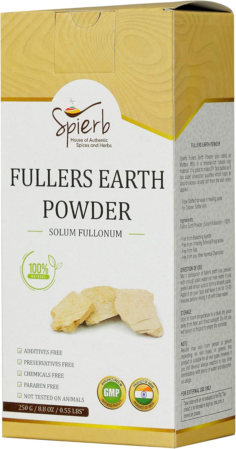 Spierb Fullers Earth Polvo - 250gm - de Arcilla India Arcilla Bentonita Multani Mitti Mud Powder para Pack facial Polvo de Arcilla Multani Puro 100% Natural Sin Productos Químicos Fullers Soil