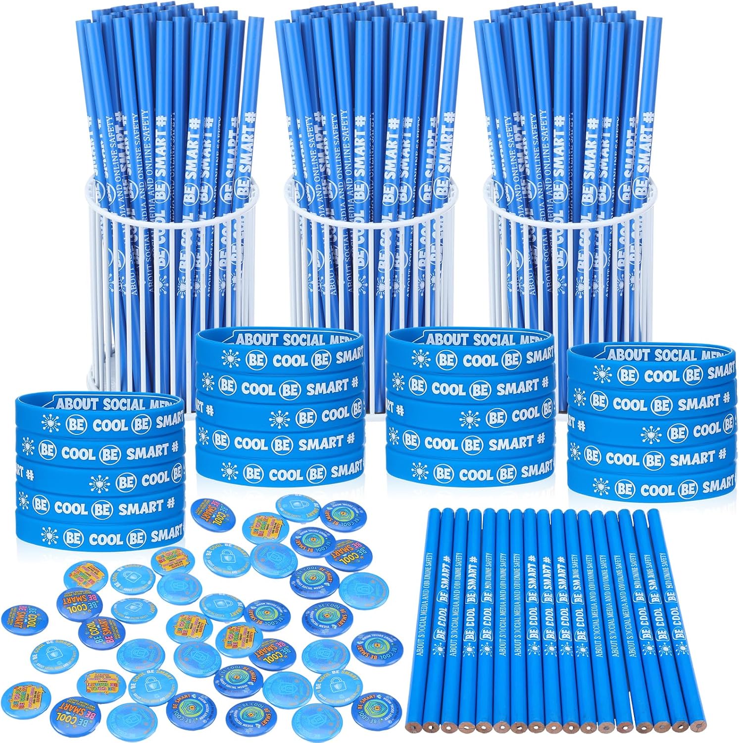 Ferreve 90 Pcs Online Safety Awareness Supplies Set Include 30 Pencil 30 Ribbon Bracelet 30 Badge Button for 2026 National Internet Safety Month Party Favor