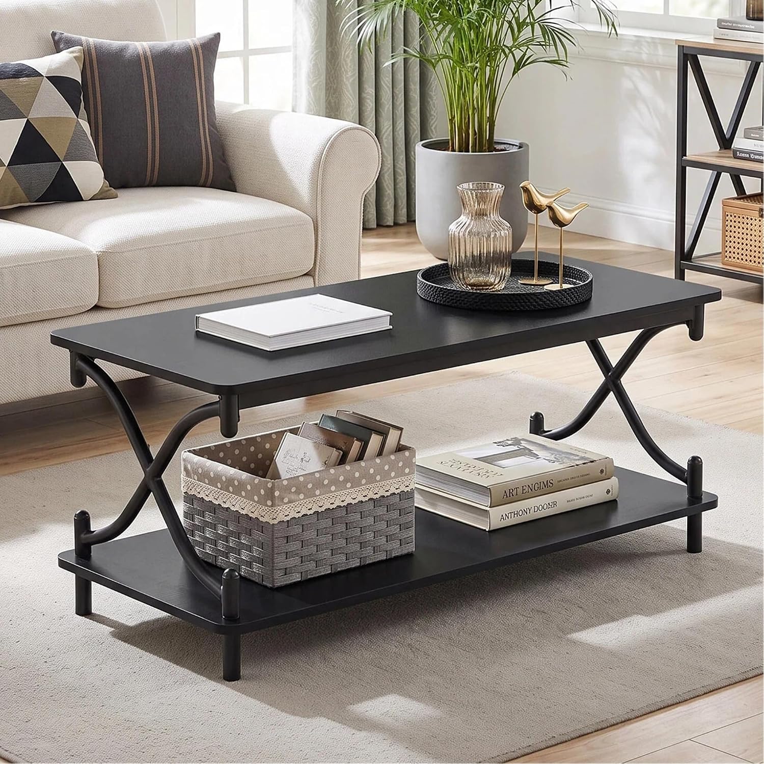 VECELO Coffee Table for Living Room with Round Corners Modern Farmhouse Center Table with Storage Shelf for Home Office 39 Inch, Easy Assembly, Glossy Black