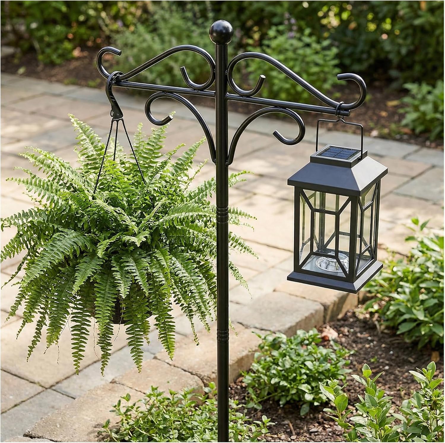 92" Double Shepherds Hooks for Outdoor, Heavy Duty Bird Feeder Pole with 5 Prong Base, Metal Hooks for Hanging Plant Baskets, Solar Lanterns & Hummingbird Feeders, Gardening Tools