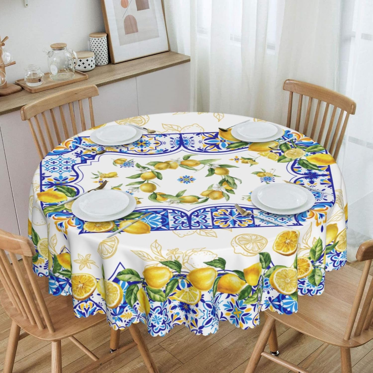 Yellow Lemon Table Cloths, Seasonal Summer Watercolor Fruit Floral Leaves Mediterranean Ceramic Tiles Coffee Table Cover Decor for Kitchen Dining Room Outdoor Home Party, 70" Round