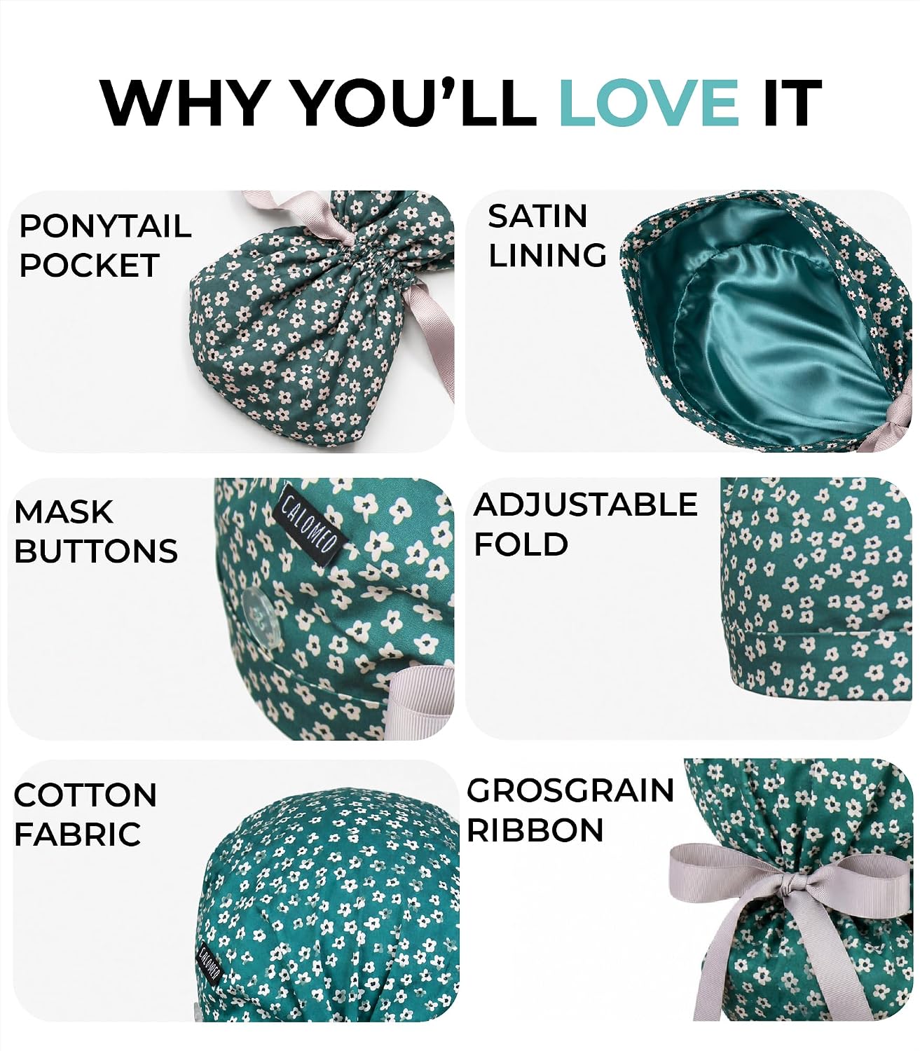 Satin Lined Ponytail Scrub Cap, Premium Cotton Surgical Cap with Buttons for Long Hair, Women and Men