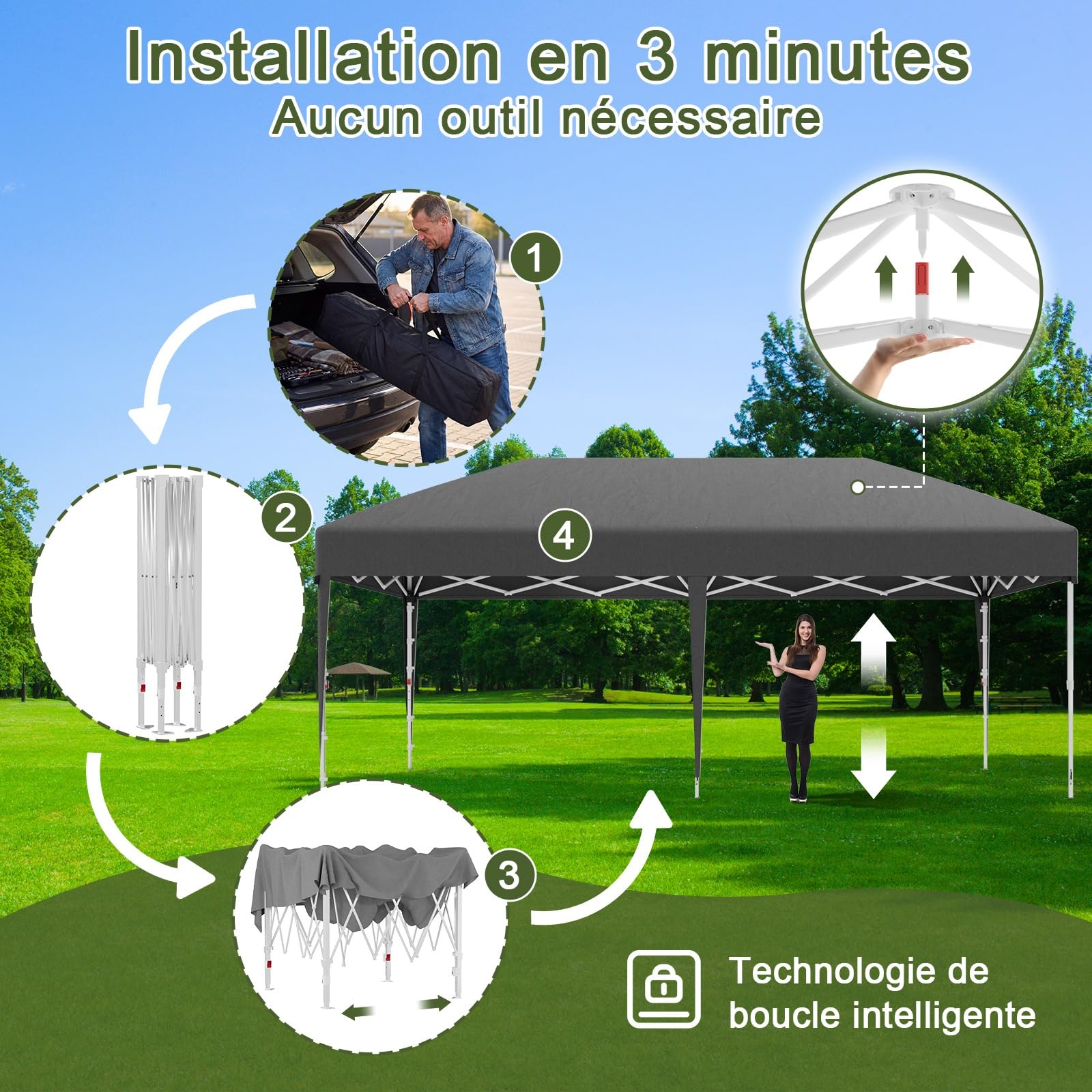 Devoko Tonnelle Pliante avec Fenêtre Moustiquaire Aérée, Tonnelle 3x6 Imperméable Stable, Tonnelle Pop Up avec Parois Latérales, Protection UV 50+, Tente de Fête pour Jardins, Camping (Gris)