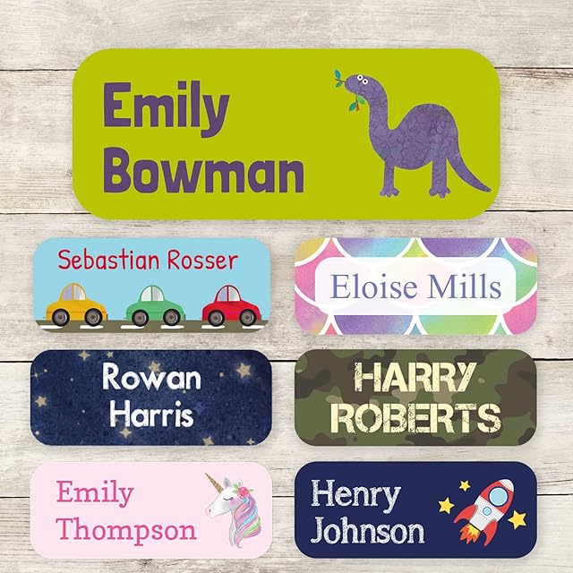 Stickerscape 46 Name Labels for Children - Mix of Iron on and Stick on Name Labels - School, Pre-School and Nursery - Labels for School Uniforms, Stationary, tupperware (Dinos)