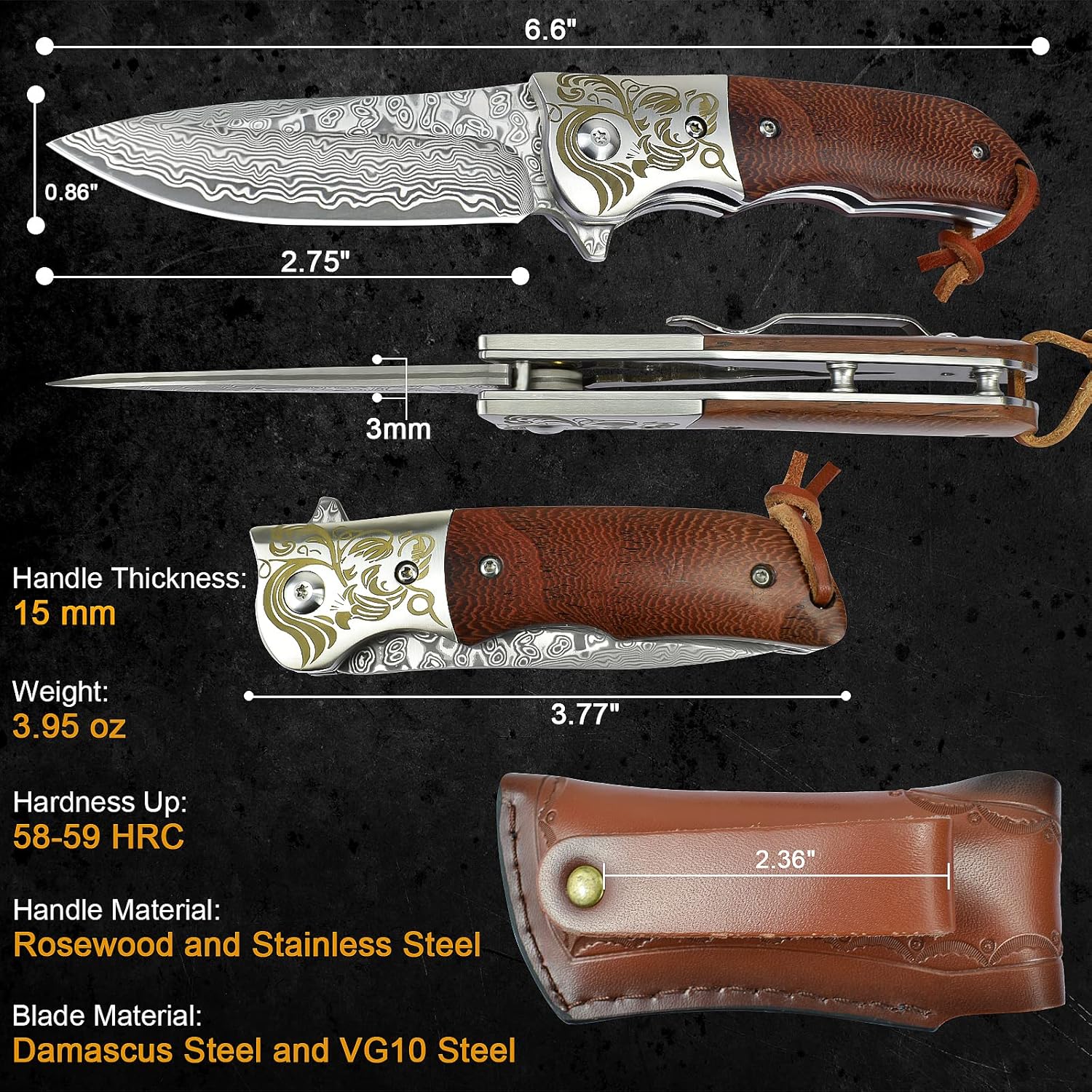 AUBEY Damascus Pocket Knife with Clip, Folding Knives with VG10 Damascus Steel Blade, Wooden Handle, Foldable EDC Knifes for Outdoor Survival Collection Gift