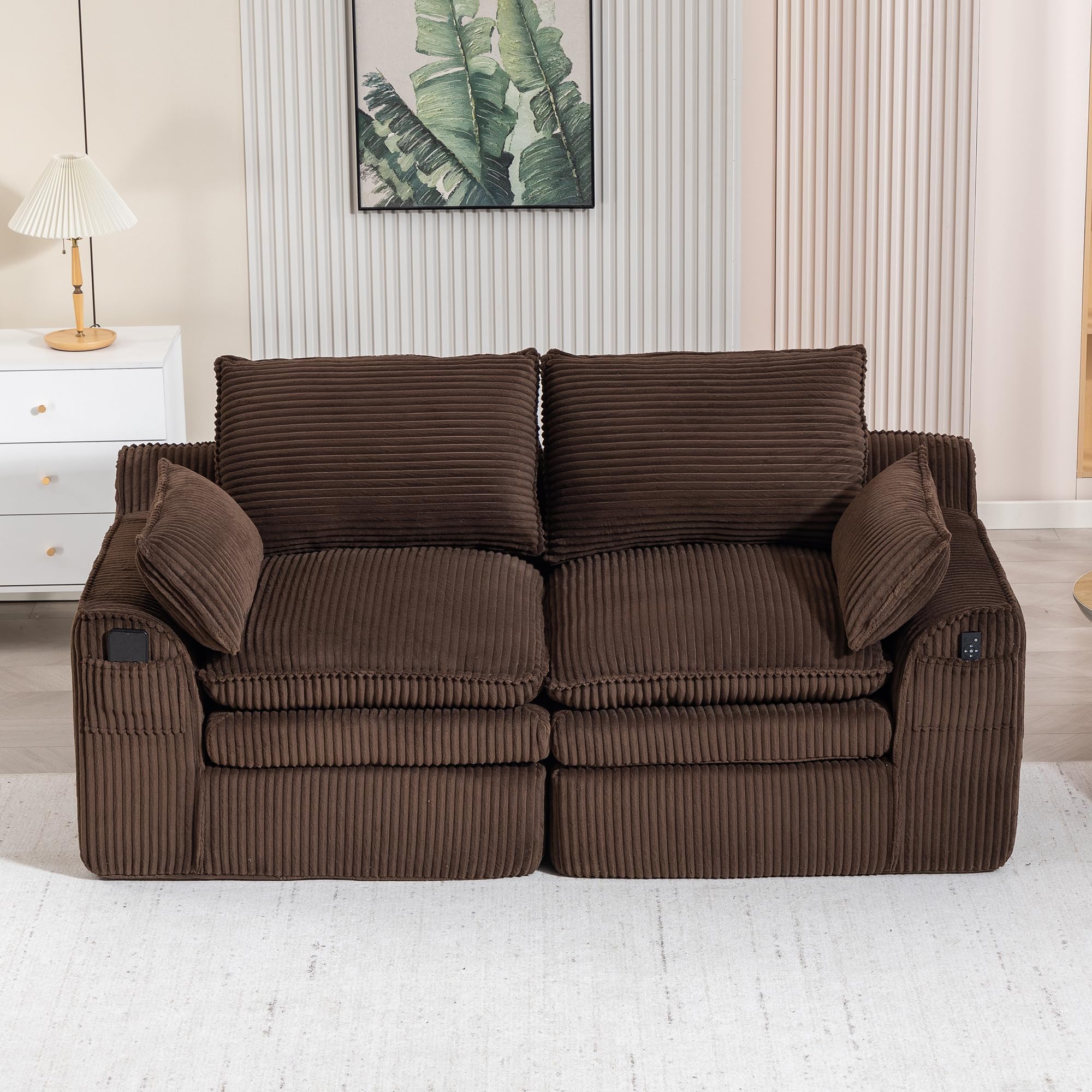 Sofá de 2 plazas, sofá modular, moderno con cojines y 2 bolsillos laterales, relleno de espuma de 3 capas y pana, muelles de alta tensión, para el salón, sofá comprimido