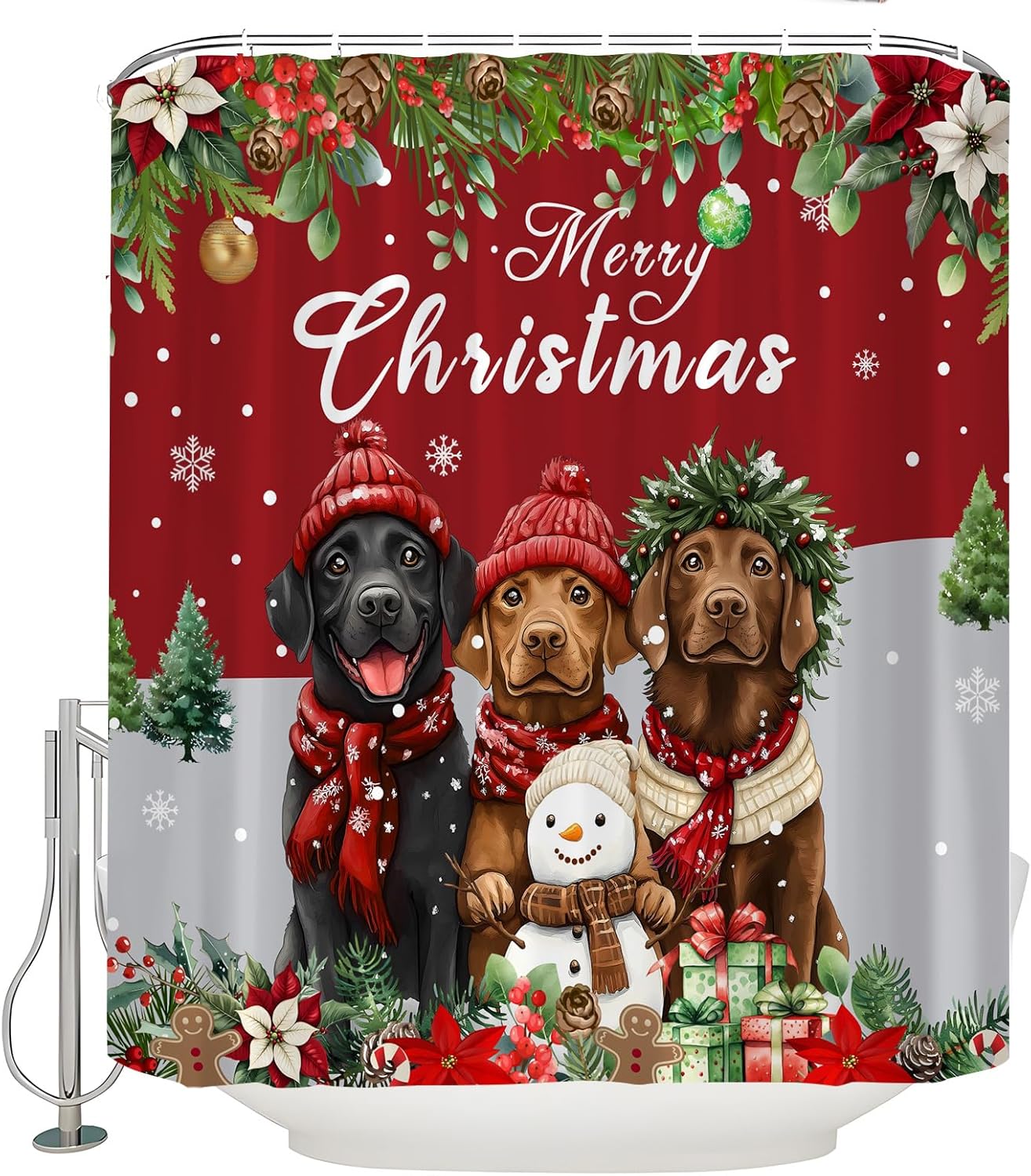 Christmas Shower Curtain Funny Dog Cute Snowman Puppy Snowflake Xmas Tree Balls Winter Happy New Year Holiday Red Bath Decor Curtain with Hooks, 70x78 Inch