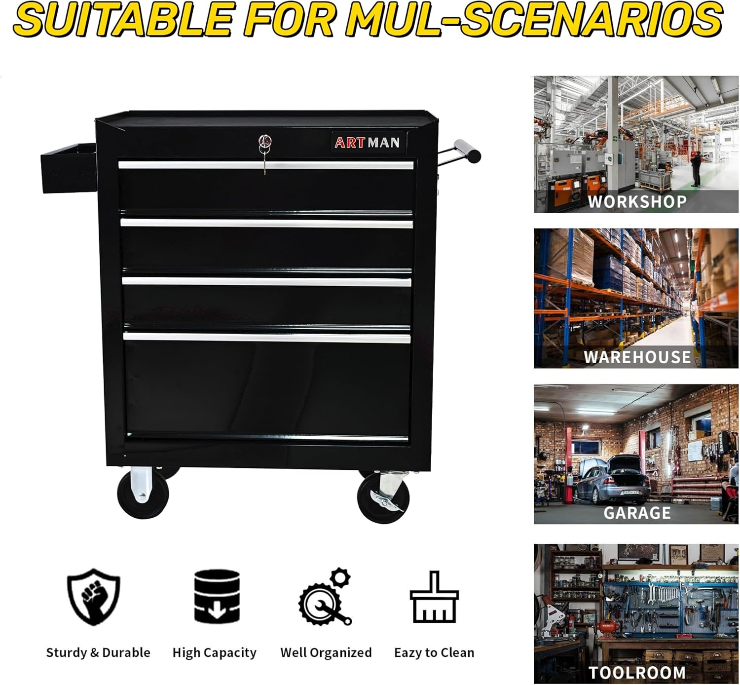 Campfun Rolling Tool Box, 4-Drawer Metal Tool Cart with Hanging Box, Storage Organizer Trolley with Interlock System, Multifunctional Mechanic for Garage, Warehouse, Workshop, Repair Shop, Black