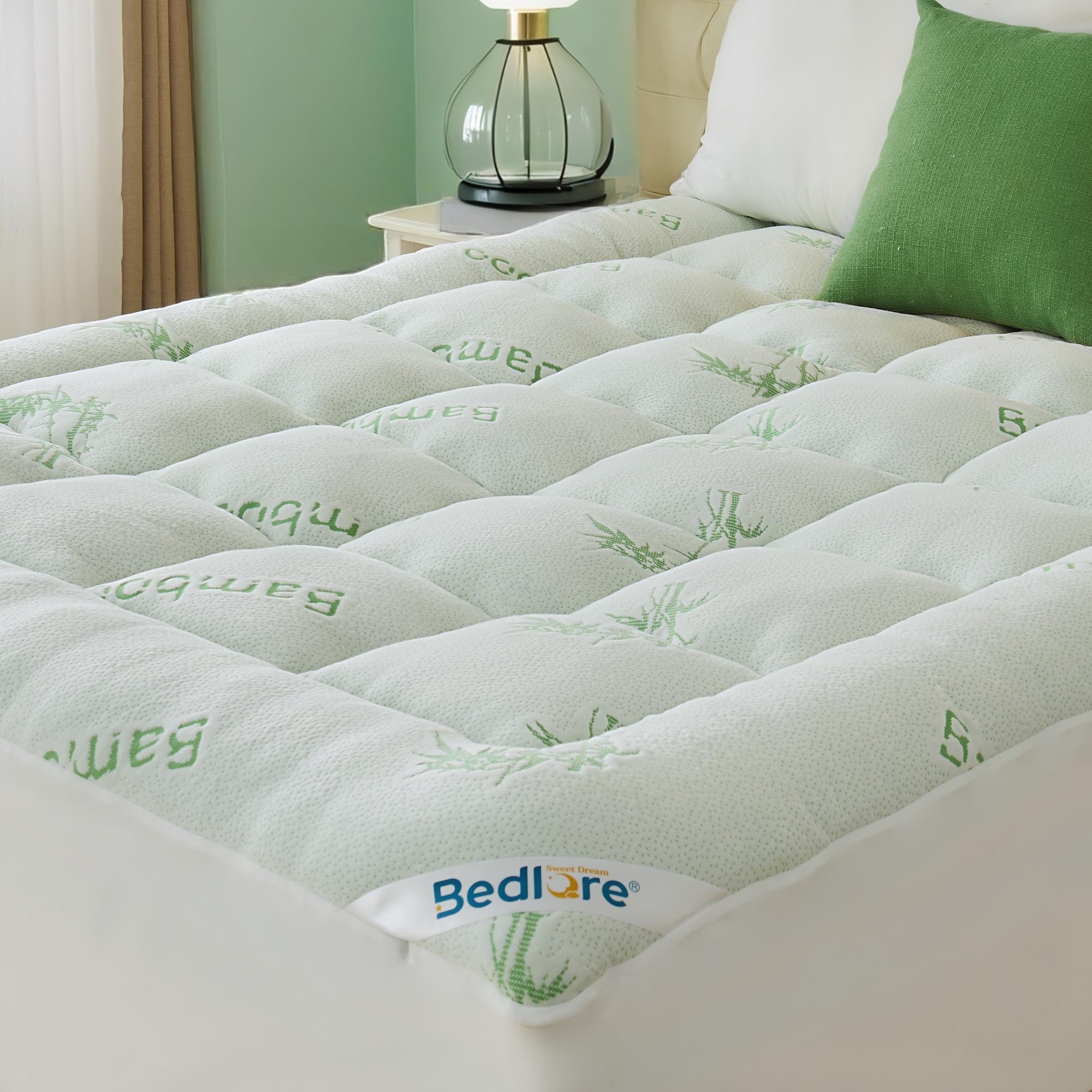 BEDLORE Sobrecolchón 160x200 cm, Topper Acolchado de Bambú Transpirable y Suave, Cubre Colchón con Faldón Elástico hasta 40 cm, Certificación Oeko-Tex, Verde