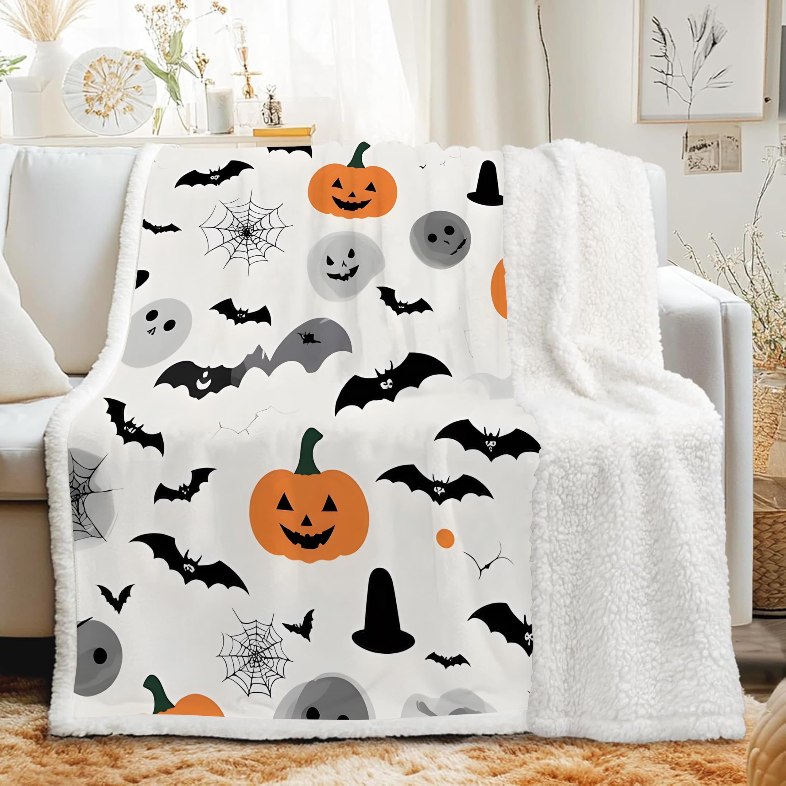 Couverture Sherpa à Motif Halloween plaid polaire chaud 120x200 cm jeté de canapé douillet G-482