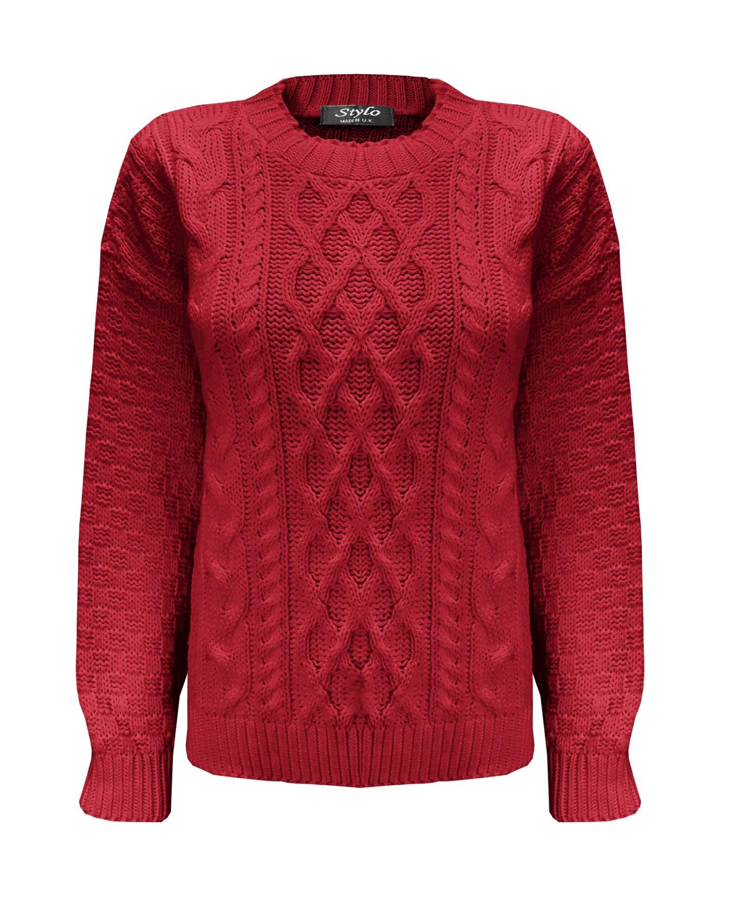 New Diamond Knit Long Sleeve Cable Jumper Short Sweeter Ladies Women Top 100% Acrylic 8-18[Wine,LXL]