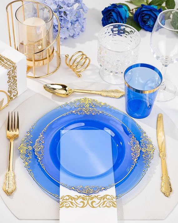 Nervure 350Pcs Blue Plastic Plates, Plastic Dinnerware Set for 50 Guests