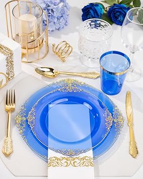 Nervure 350Pcs Blue Plastic Plates, Plastic Dinnerware Set for 50 Guests