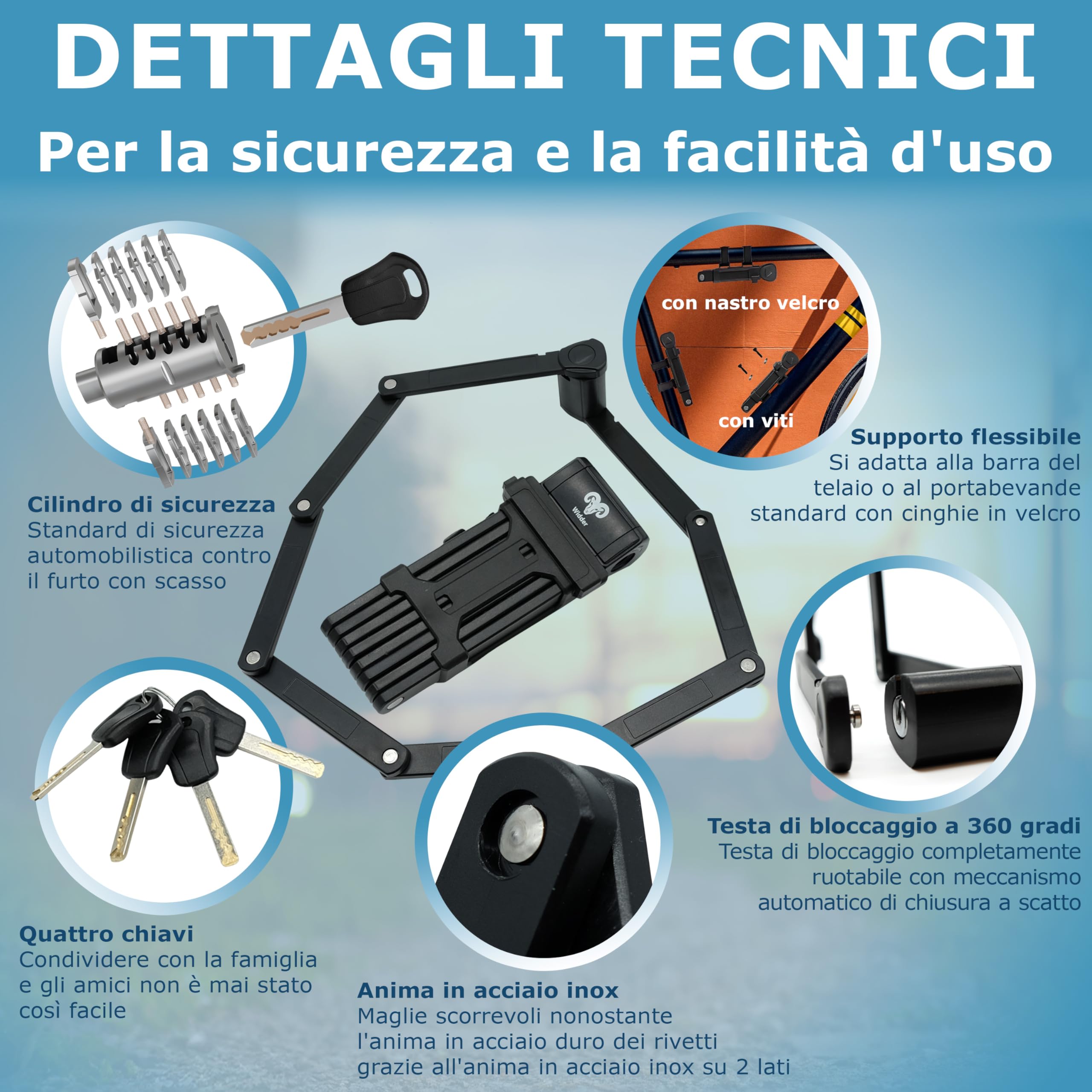 WIDDER Antifurto pieghevole per bici molto sicuro | 120 cm | con 4 chiavi | Lucchetto pieghevole per bicicletta con staffa | ideale come antifurto per e-bike, e-scooter, bici | Bike Lock