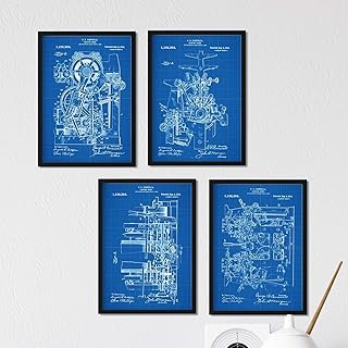 Nacnic Azul - Pack de 4 Láminas con Patentes de IMPRENTAS. Set de Posters con inventos y Patentes Antiguas. Elije el Color Que Más te guste.