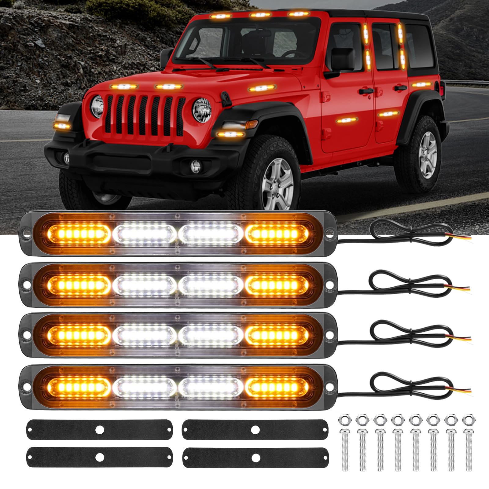 YUGUANG 4pcs Strobe Lights for Trucks, Ultra Slim 24-LED Surface Mount Amber/White Emergency Flashing Strobe Lights for Vehicles Trucks Car