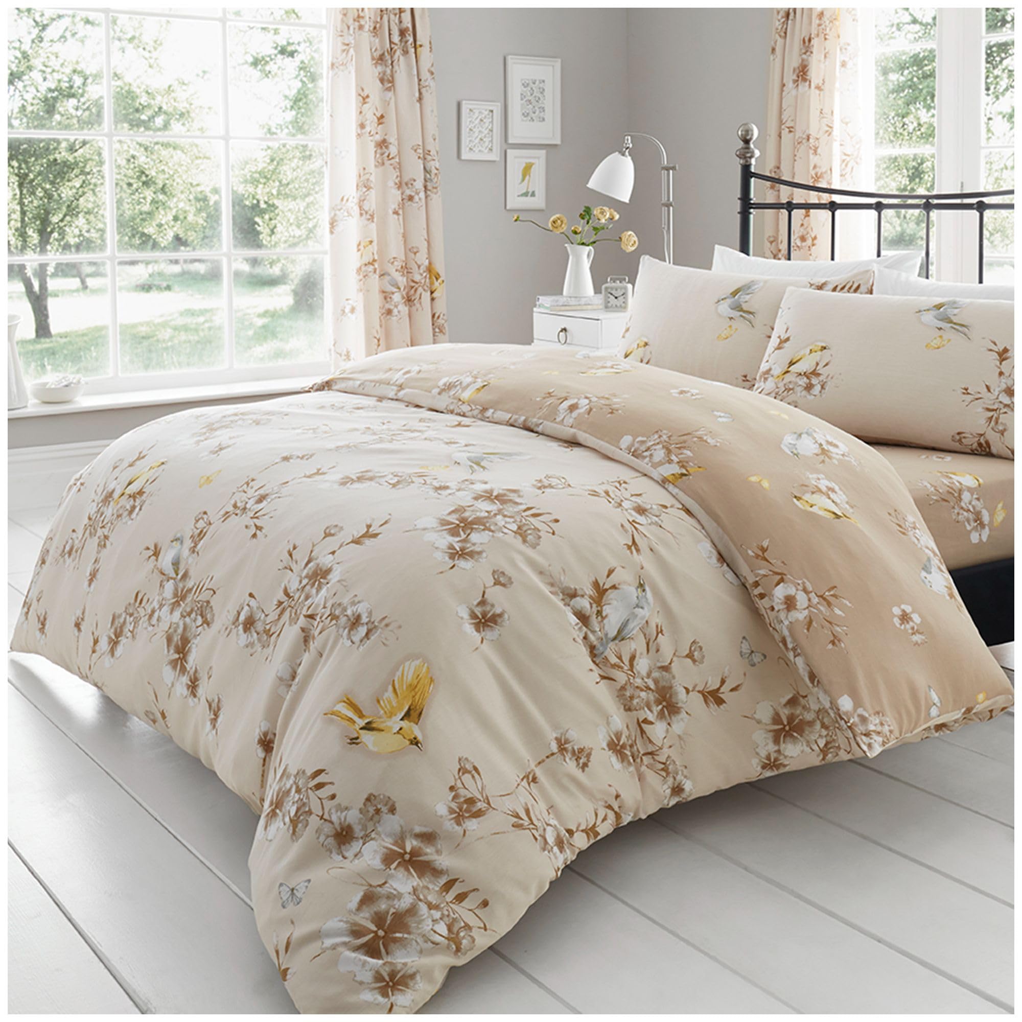 VELVETIO Luxury Birdie Blossom Floral Duvet Cover Sets with Matching Pillow case, Reversible Printed Birds Flower Bedding Quilt, Soft Polycotton Botanical Bedlinen Set, Single, Natural