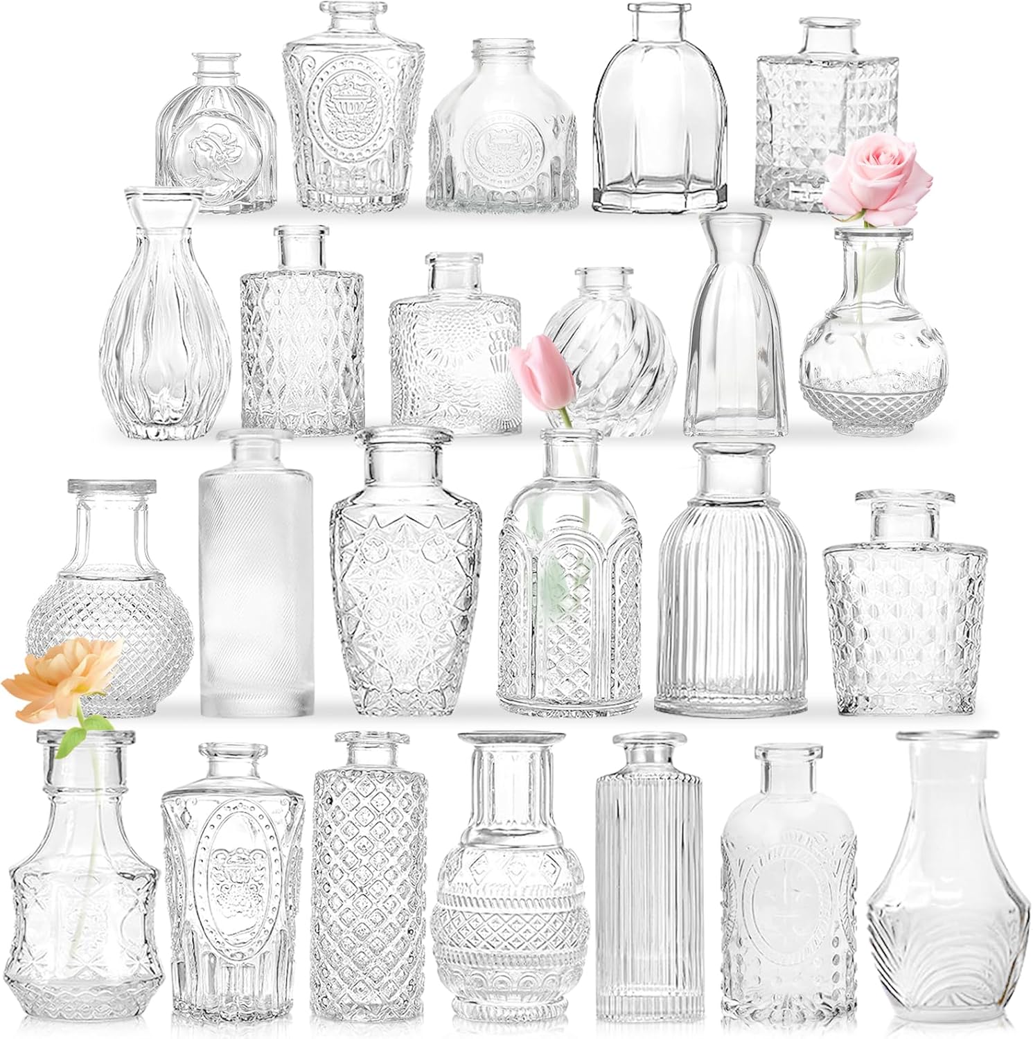 Bud Vases – in Bulk 24,Vintage Small Glass Bud Vases for Flowers, Clear Crystal Mini Glasses in Bulk, Small Flower Design for Centerpieces Wedding Decorations Home Flower Party Decor