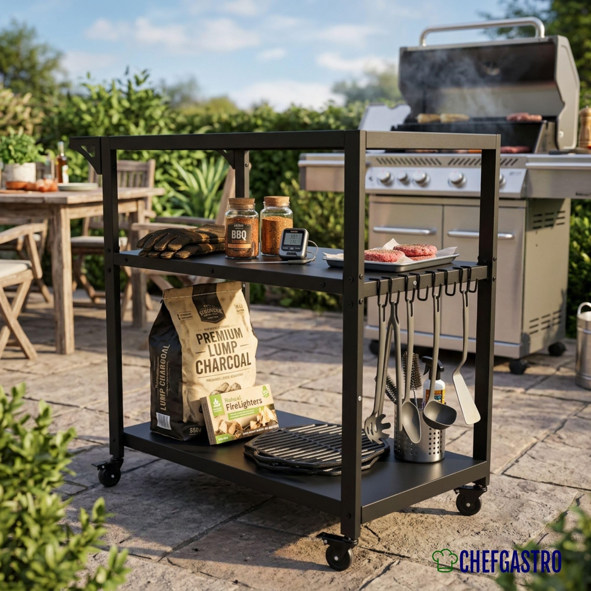 CHEFAGSTRO Grillwagen Vulcan Outdoor Servierwagen mit Rollen Küche Küchenwagen Metall Schwarz Wetterfest Grilltisch, 4 Lenkrollen mit Bremse, 3 Ablagen, 8 Haken, Müllbeutelhalter & Handtuchgriff