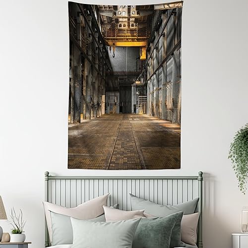Miniatura 5 de Ambesonne Tapiz industrial, interior industrial de construcción de edificios de fábrica antigua, almacén espeluznante, colgante de pared para