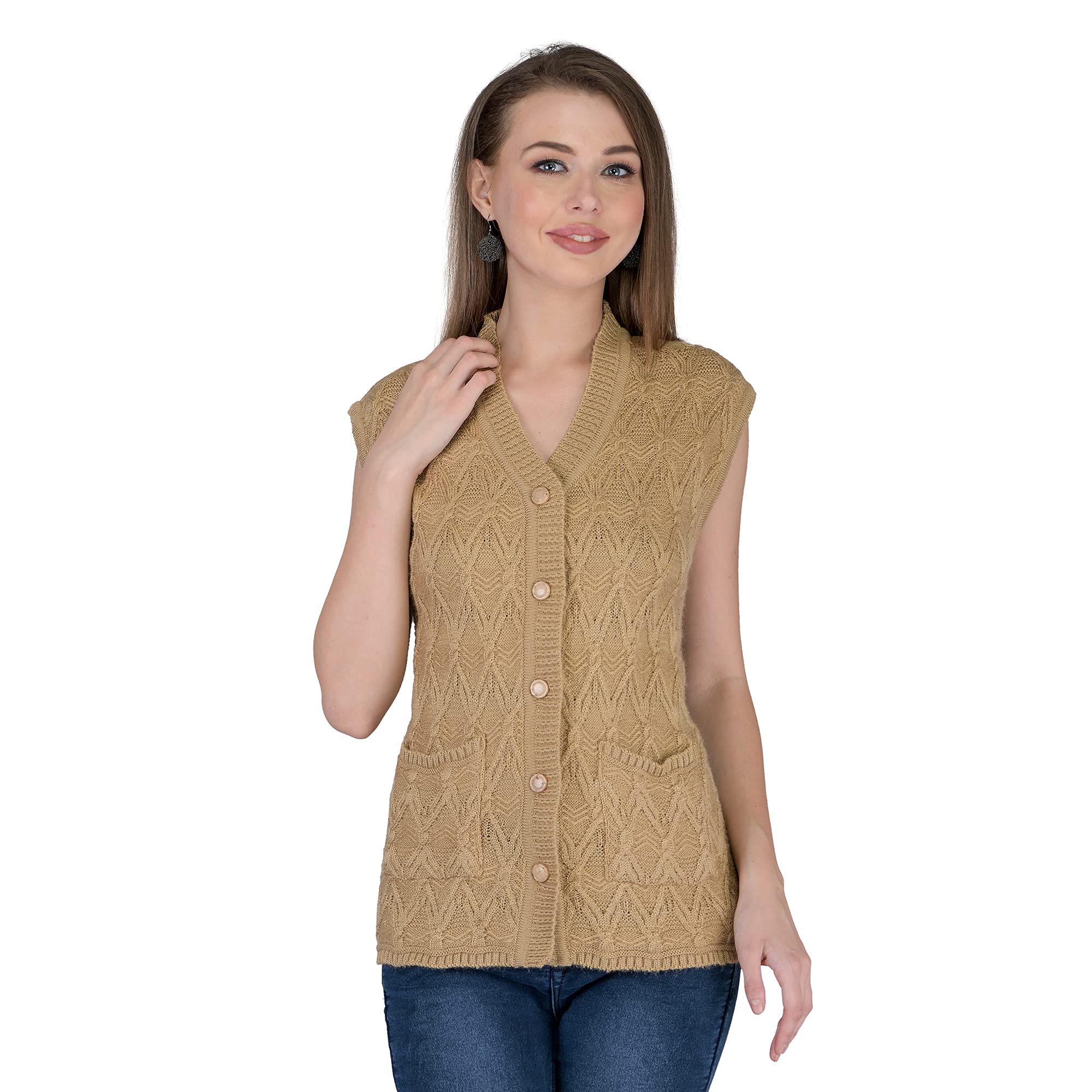 Women Woolen Cardigan Sleeveless Self Design Cardigan Rainbow Fabric Winter Wear Pure Wool Cardigan 100% Rainbow Wool Free Size Cotty Fully Warm with Front Pockets (XXL, Dark Skin)-image-16