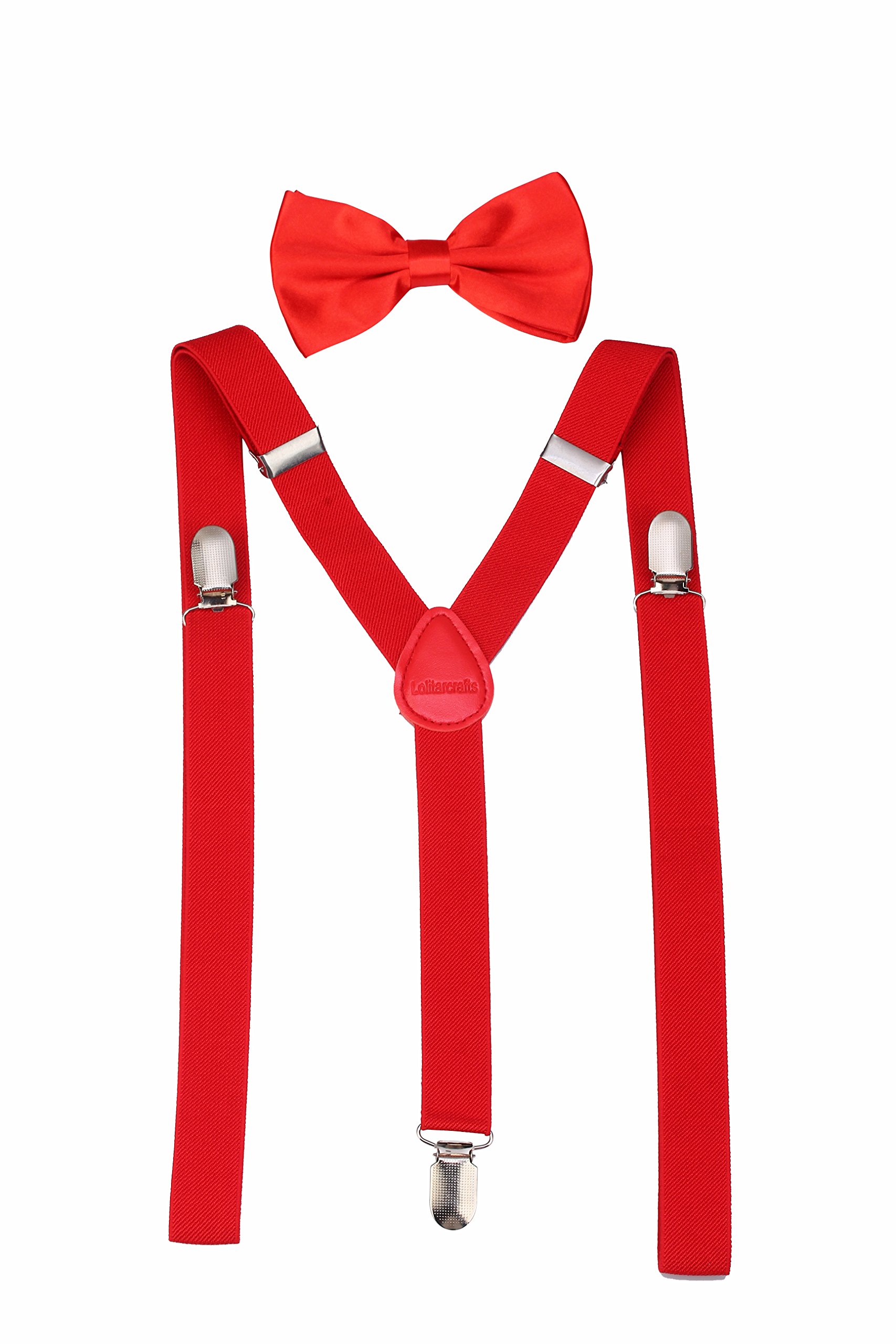 Men's Classic Solid Suspenders Matching Bow Tie Set Braces (Red)