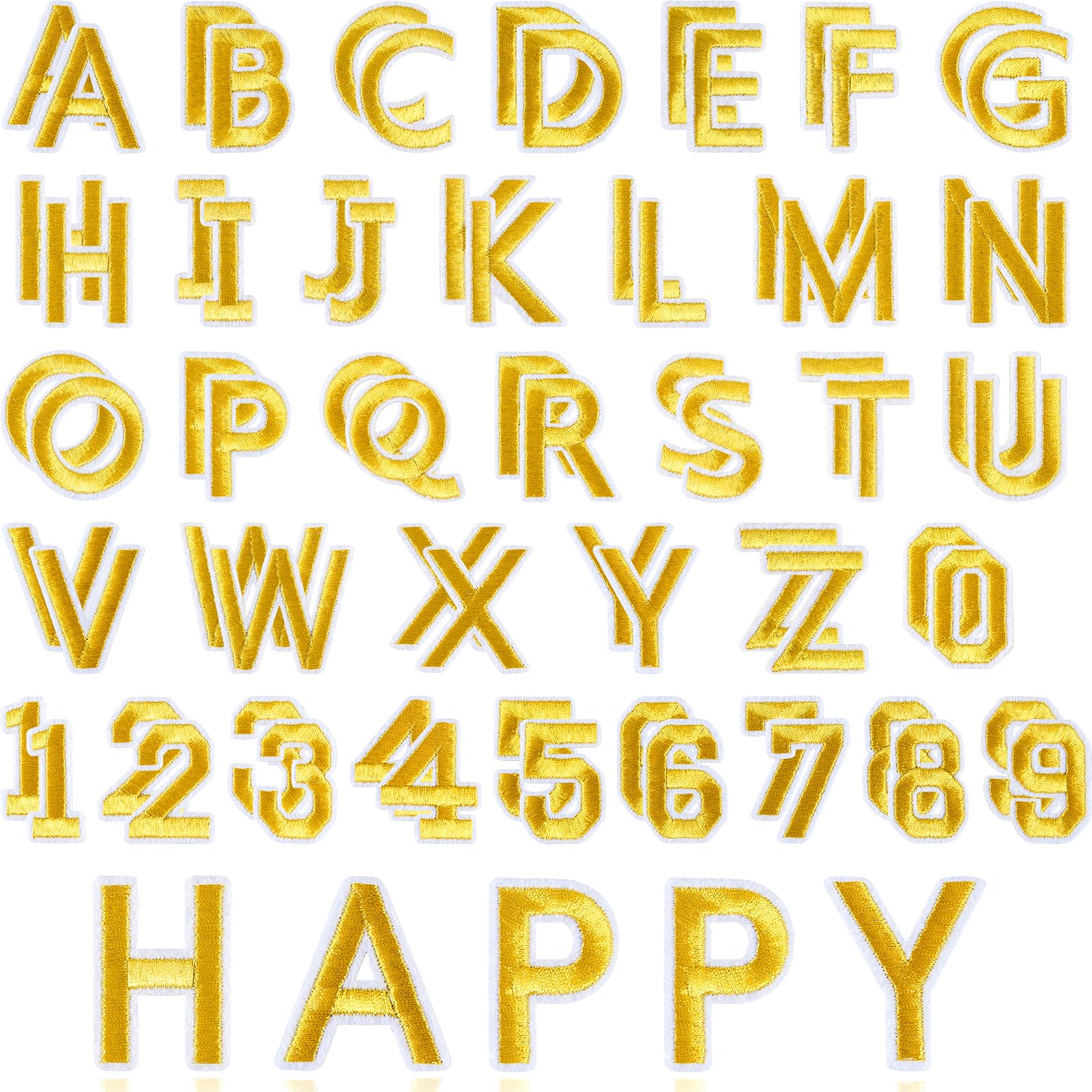 ASTARON 72 Pcs Iron on Letters and Numbers Patches, 1.5 Inch Letters A-Z Numbers 0-9 Embroidered Applique Patches Alphabet Cloth Patch for Clothes, Bags, Socks, Jeans, Hat, DIY Accessories(Gold)