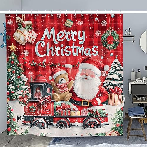 Miniatura 8 de Cortinas de ducha de Feliz Navidad para baño 72 x 72 con borde rosa, hombre de jengibre, casa del árbol, decoración de invierno rústica, estilo