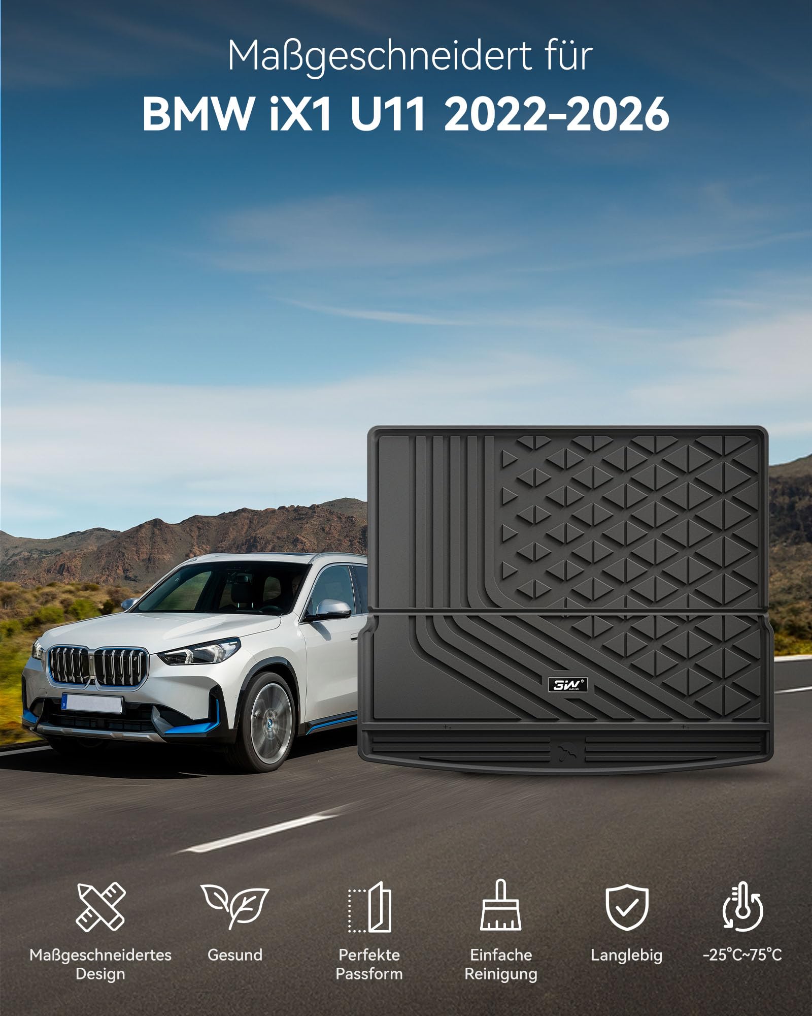 3W Kofferraumwanne für BMW iX1 U11 BEV 2022-2025 2026 und für X1 xDrive25e Benzin-Hybrid, Thorex™ Allwetter Maßgeschneiderte Kofferraummatte BMW iX1 U11 Auto Kofferraum Zubehör, Wasserabweisend