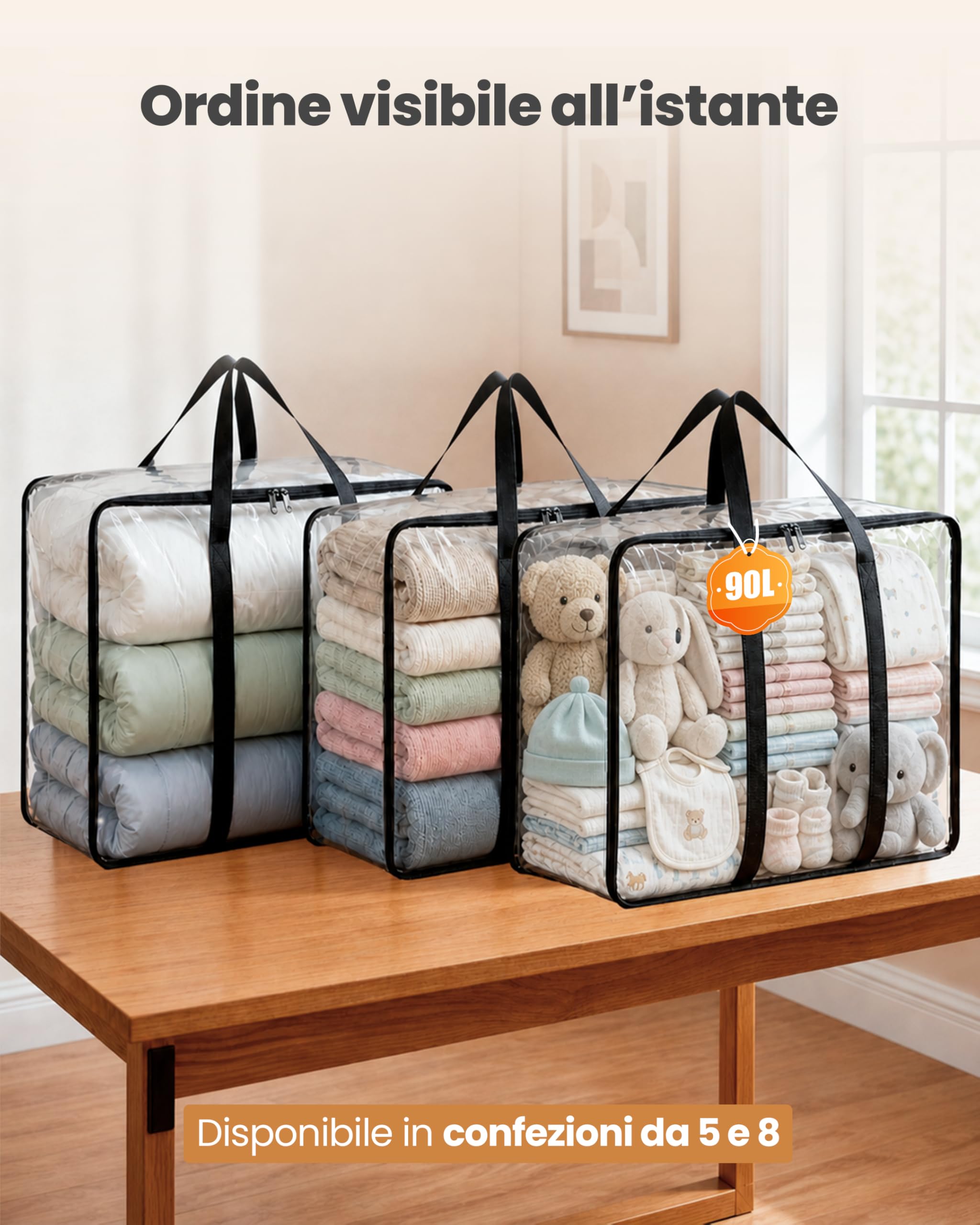 unycos - Scatole per Armadio x 5 Unità【90L】 Contenitori Sottoletto Trasparenti in PVC, Salvaspazio, Pieghevoli con Manici Rinforzati e Cerniera Bidirezionale per Maglioni, Cappotti (60 x 35 x 43 cm)