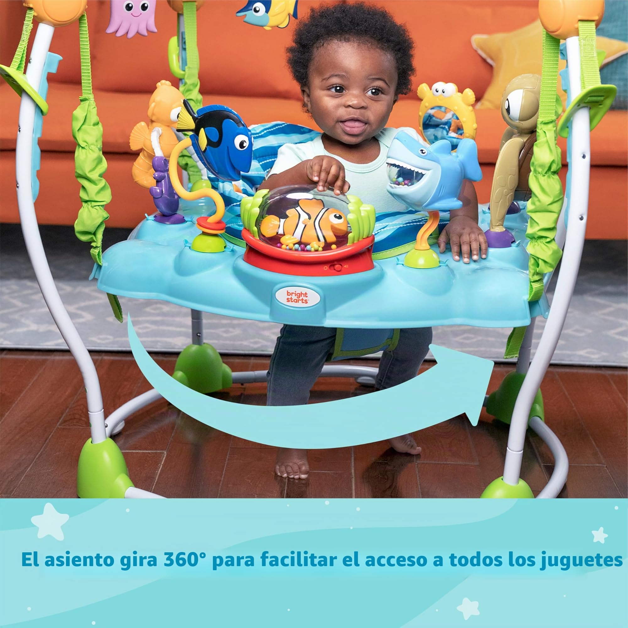 Bright Starts, Disney Baby, Finding Nemo, Saltador Mar de Actividades, Centro de Actividades con 13 Actividades, Luces, Música y Sonidos del Océano, Altura Ajustable, Rotación 360°, Edades 6 Meses +