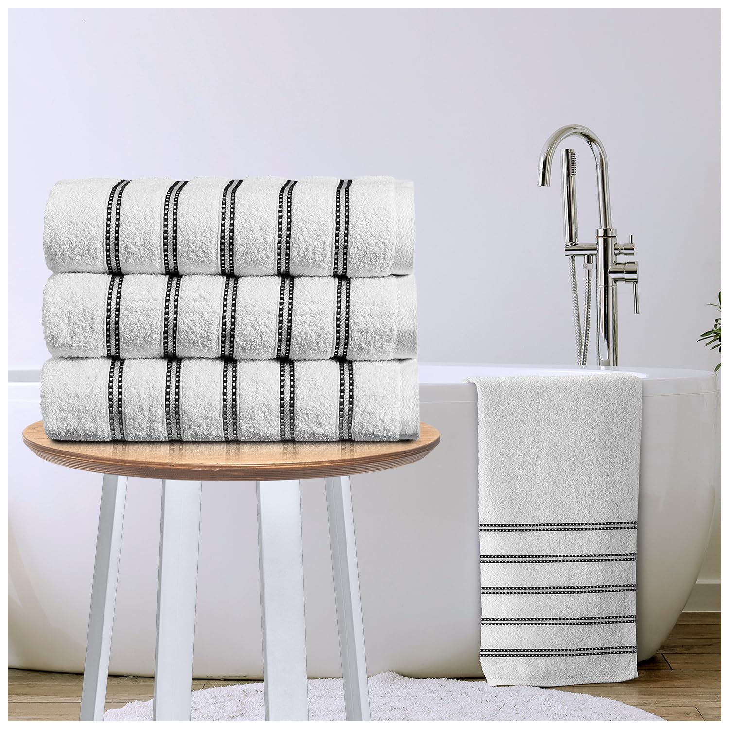 GC GAVENO CAVAILIA Stripe Bath Sheets Extra Large 3Pack | 600GSM Towels Bath Sheets Quick Dry & Water Absorbent Towels Set | Lightweight Hotel Quality Thick Cotton Towel Bath Sheet 90x150 Cm, White
