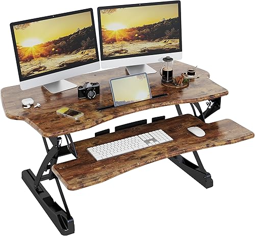 Lubvlook Convertidor de escritorio de pie, elevador de escritorio ajustable de 40 pulgadas de altura para monitores duales con bandeja para teclado,