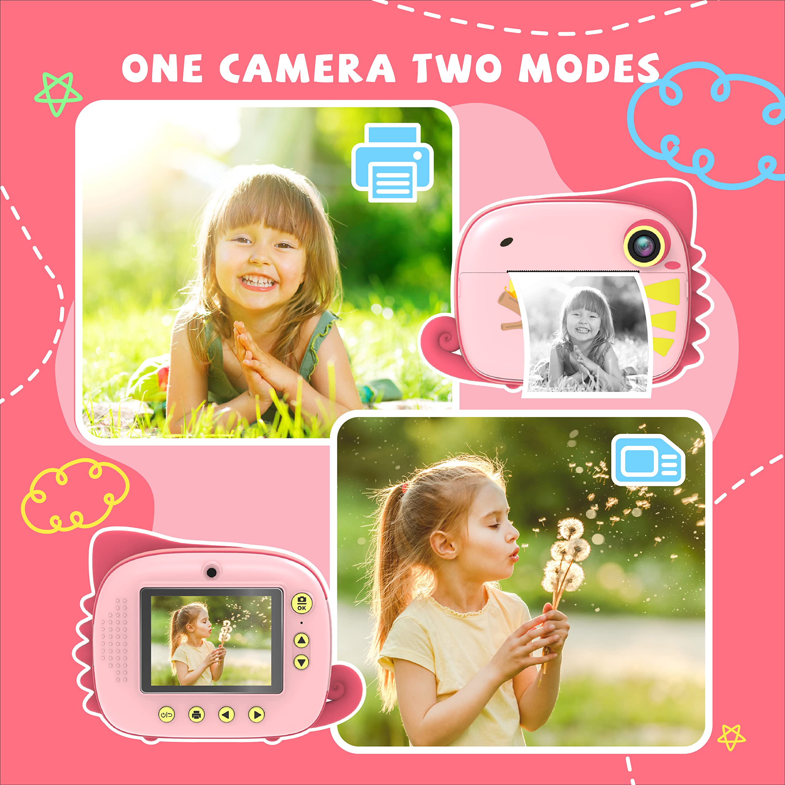 TIATUA kinderkamera sofortbildkamera, Digitalkamera Videokamera mit 20MP Dual-Linse & 32GB Karte, ohne Tinte Sofortkamera für Mädchen Jungen 3-12 Jahren, Fotopapier & lustigem Zubehör inklusive