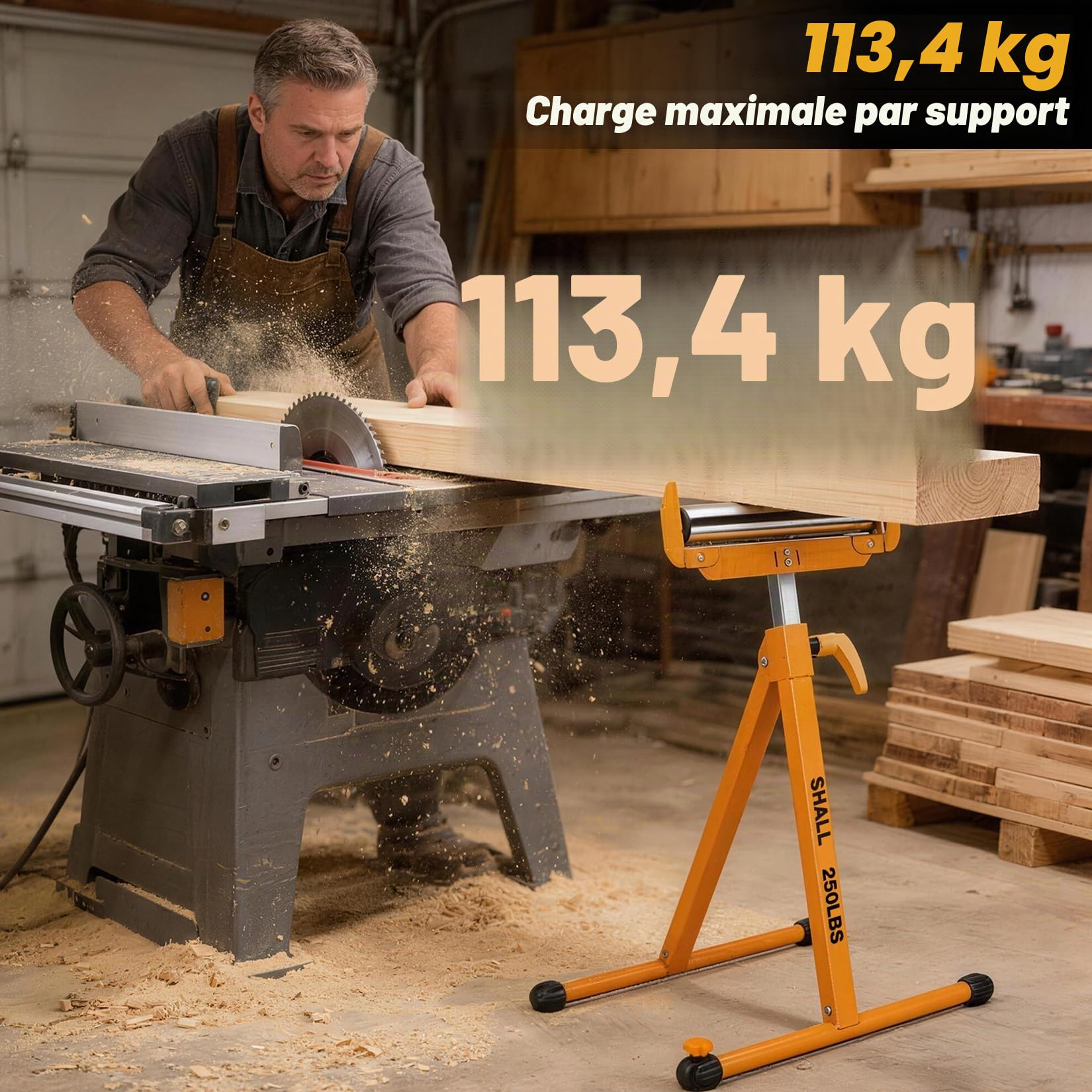 Shall Lot de 2 supports à rouleaux pliants – Capacité de charge de 113,4 kg – Hauteur réglable de 70 à 109 cm – Pour sciage à table – Travail du bois