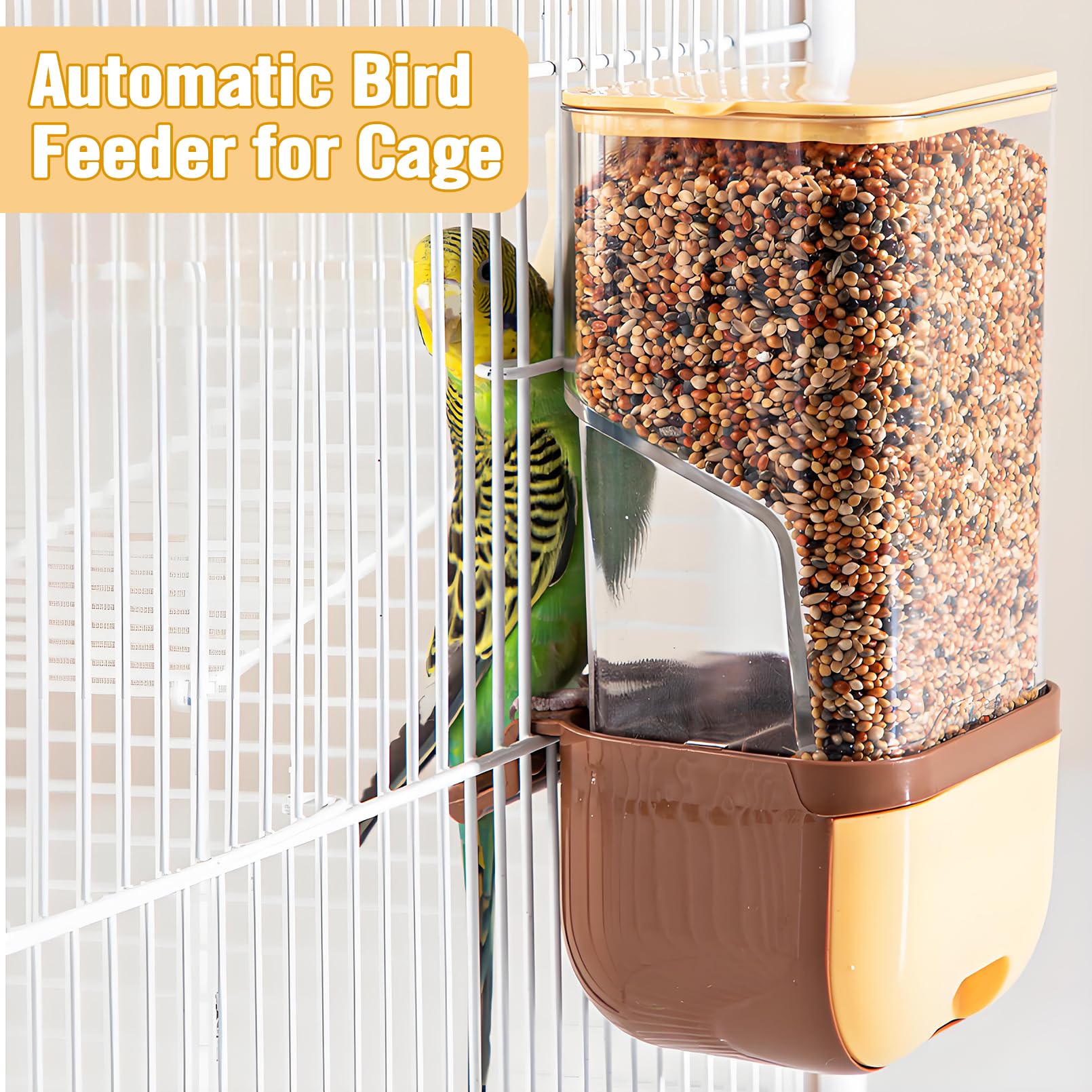 BNOSDM Automatischer Vogelfutterspender für Vögel, kein Durcheinander, für Papageienkäfig, Zubehör, transparenter Samenfutterbehälter mit Sitzstange für Finken, Sittiche, Wellensittiche, Lovebirds