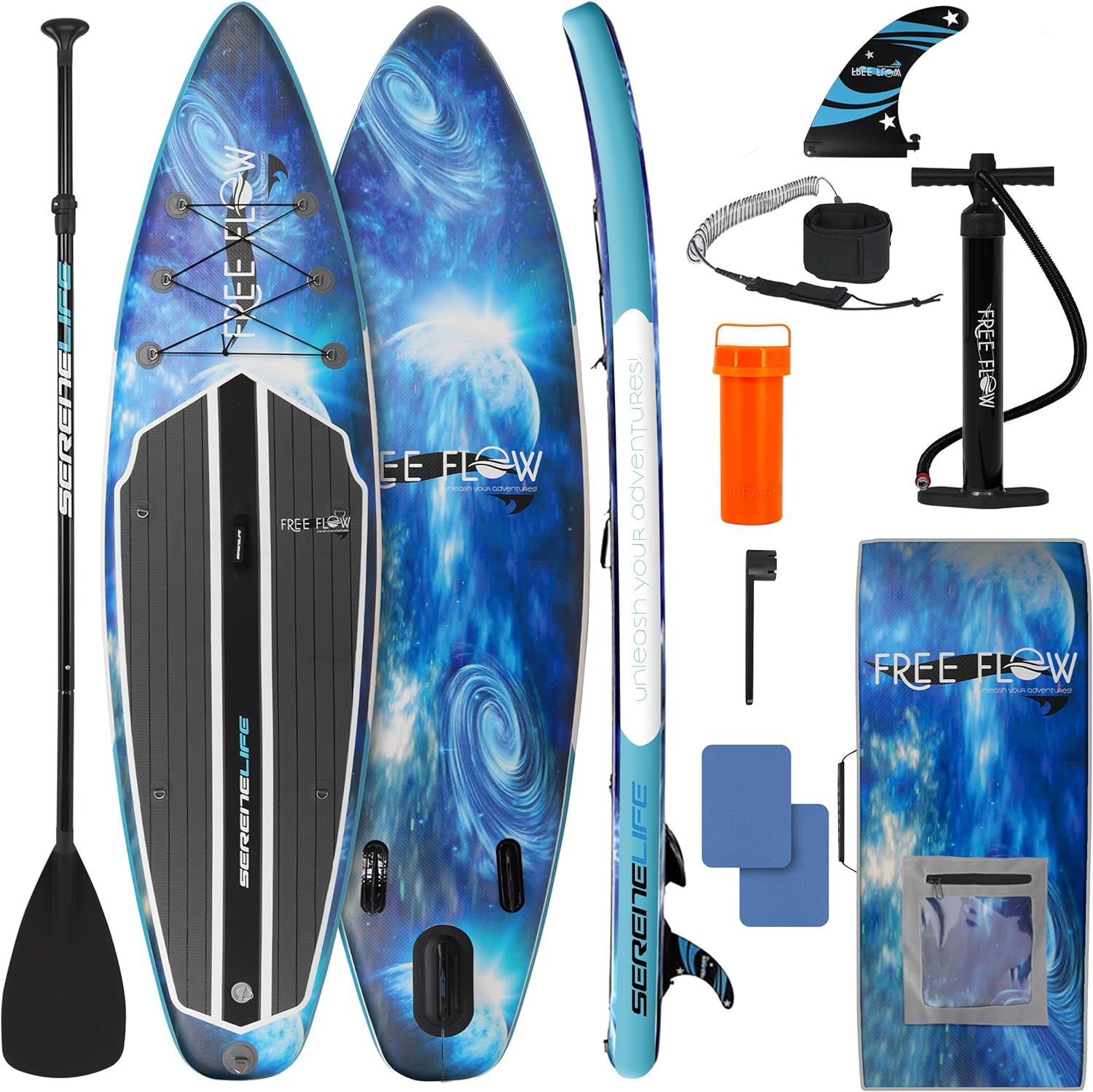 SereneLife Inflatable Stand Up Paddle Board with Premium SUP Accessories – Wide Stable Design with Non-Slip EVA Deck Pad for Adults and Youth of All Skill Levels, 350 lbs Capacity