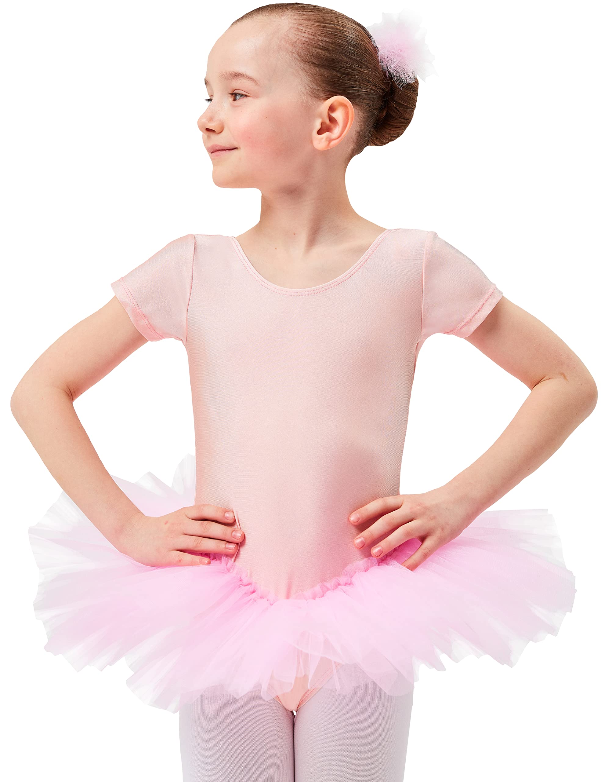 tanzmuster short-sleeved ballet tutu leotard 'Alina' for children - made shiny lycrawith - 3 layers of tulle - light pink, black and white